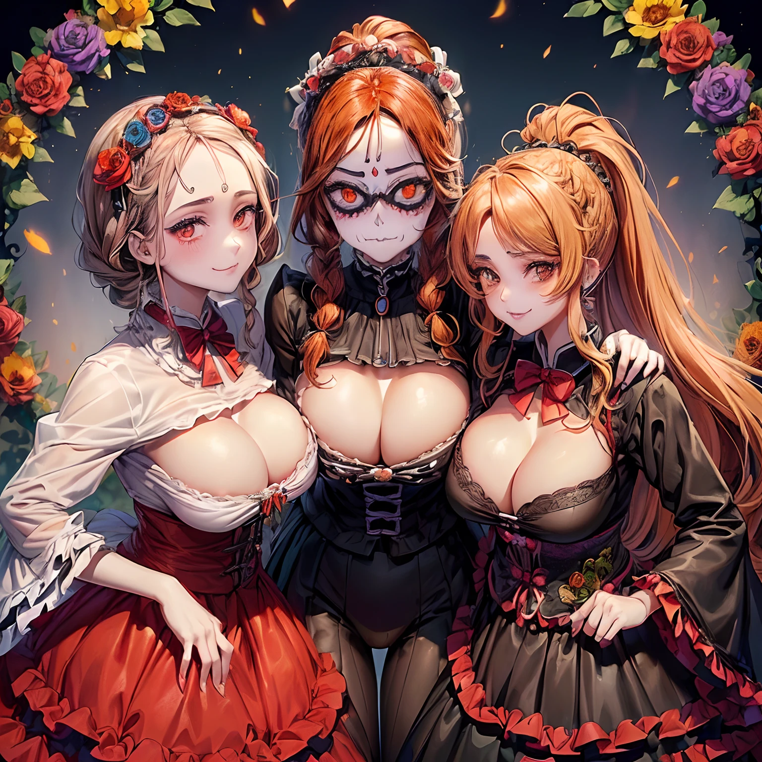 ((Pintura de lavado de tinta)), (Day of the Dead), (Skeletal face painting)(Thicc MILF)),((Huge drooping tits)),trasero grande,((caderas anchas)),((piel blanca)),((Long brown hair with braids)),(((auburn eyes) )),((muslos gruesos)),((gafas)),((sexy)),((erotic posing)),((sonriendo((ropa delgada)),((anime))((plaza mexicana)),((Traje de Mariachi)),((cara pintada de esqueleto)),((disfraz de catrina)),((cara pintada de esqueleto)),((Day of the Dead)