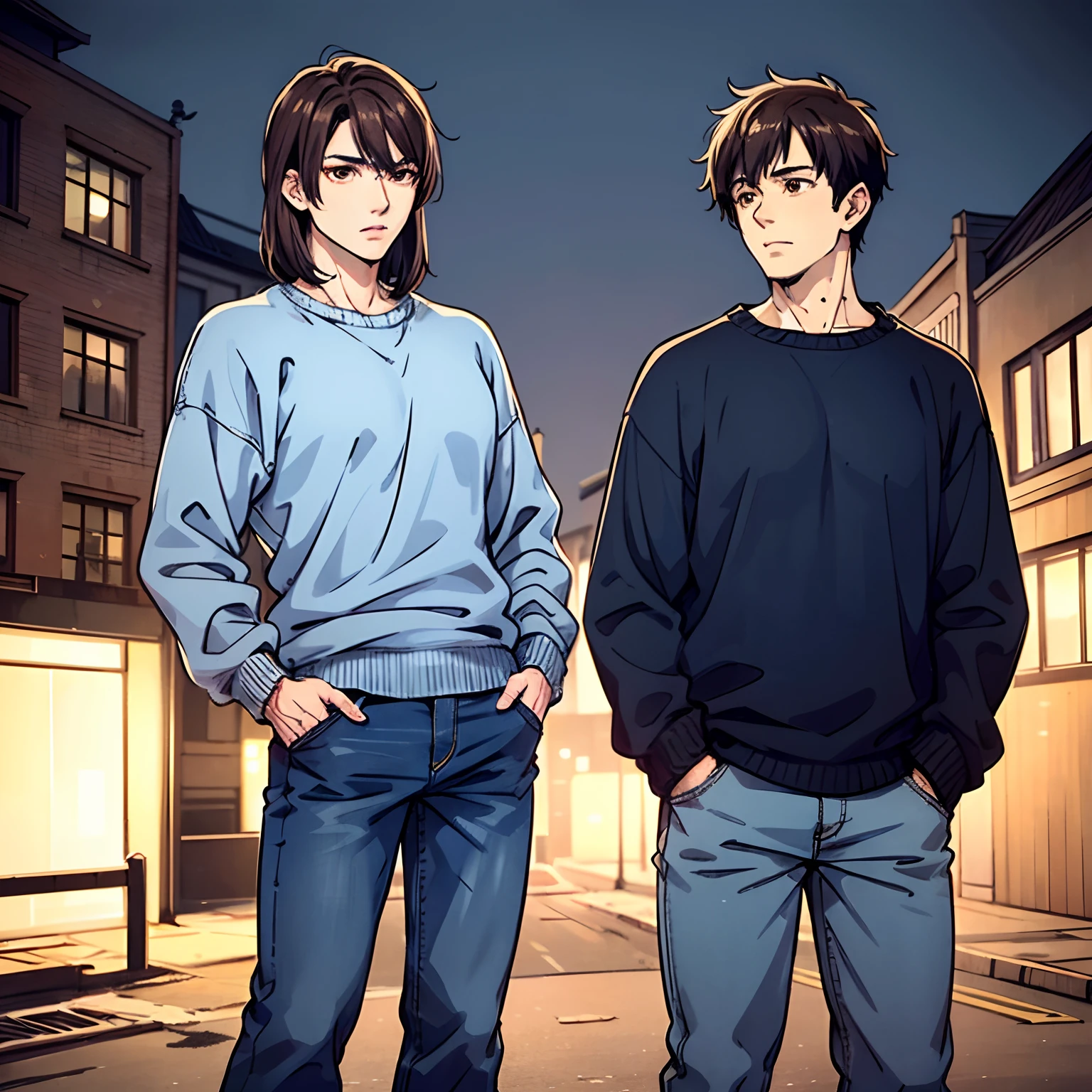 Itadori Yuji, Yuji, Itadori, Yuji Itadori, messy brown hair, brown eyes, wearing a blue sweater and dark blue worn down jeans, poor looking, hands in pockets, standing in a decrepit city, tall, kinda muscular, one man, one male, alone, blue sweater, dark blue wore down jeans
