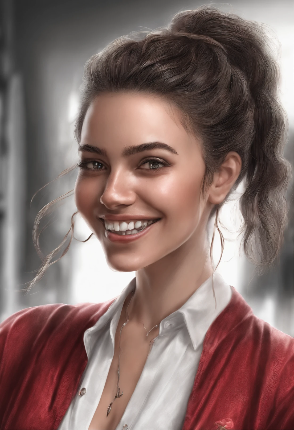 retrato, selfie angle, Face of beautiful girl, pele branca, cabelo liso preto, smile expression, delineado, batom vermelho.