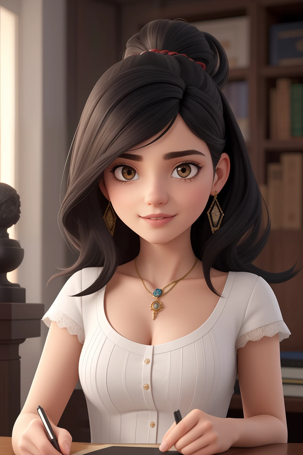 (best quality,4k,8k,Altas,master part:1.2),ultra-detalhado,Realistic,Young scholar with messy black hair, cara bonita, forma quadrada do rosto, cabelos pretos grandes e olhos castanhos, vestindo uma gola alta branca,