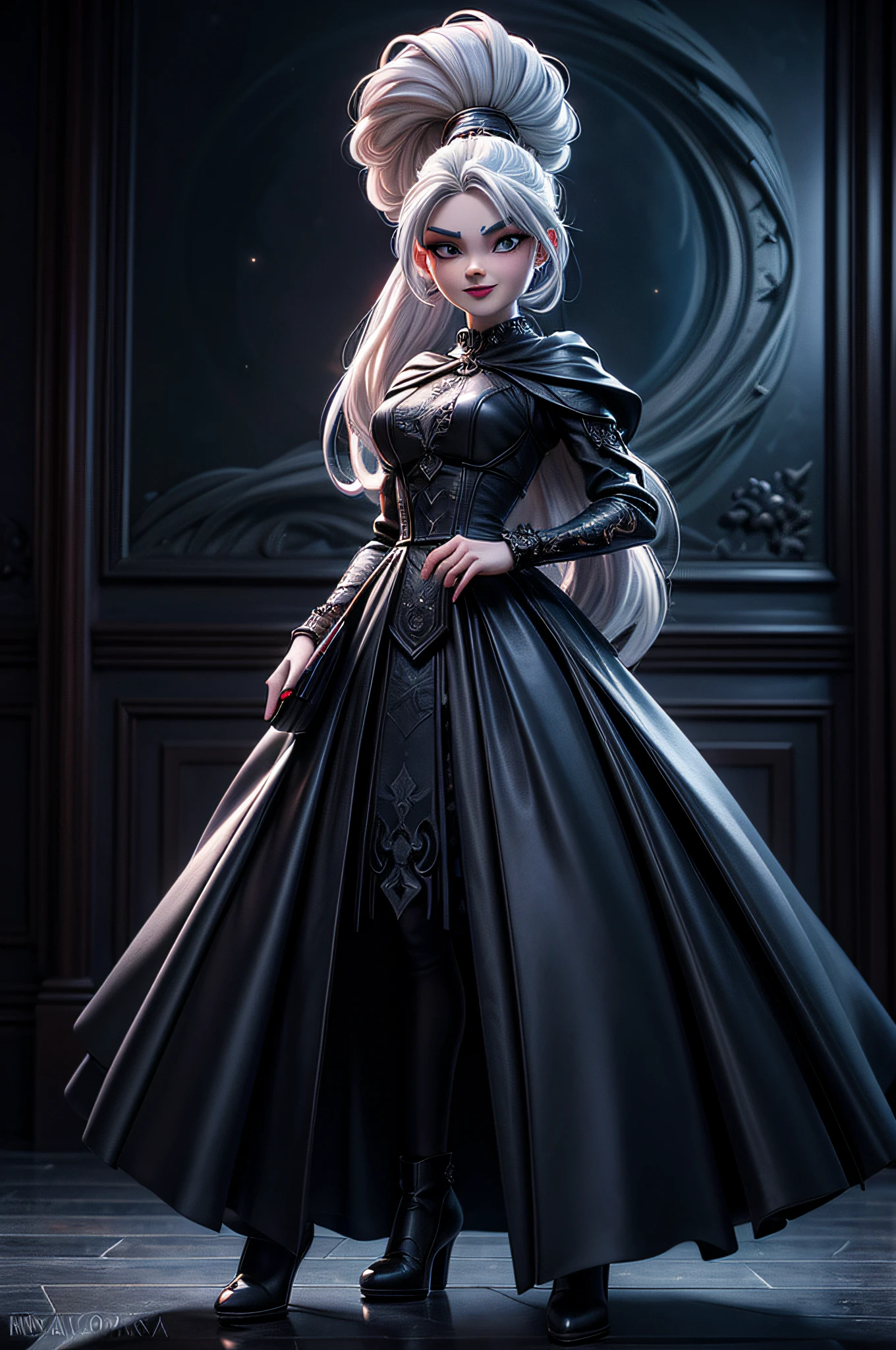 a portrait of (Pixar art: 1.5)  icture of vampire standing in the front of her home holding a (candy bag: 1.2), an exquisite beautiful female vampire in her front door of her home, full body (ultra detailed, Masterpiece, best quality), ultra detailed face (ultra detailed, Masterpiece, best quality), grey skin: 1.3 , blond hair, hair in a ponytail, long hair, blue eyes, cold eyes, glowing eyes, intense eyes, smile with [drops of blood on face] (ultra detailed, Masterpiece, best quality), dark red lips, [vampire fangs], wearing white dress (ultra detailed, Masterpiece, best quality), dark blue cloak, high heeled boots in front of her home, (holding a candy bag: 1.4), high details, best quality, 16k, [ultra detailed], masterpiece, best quality, (ultra detailed), full body, ultra wide shot, photorealism, luis royo style, dark fantasy art, moon light coming through the window, moon rays, gothic art, sense of dread, sense of seduction,pixarstyle