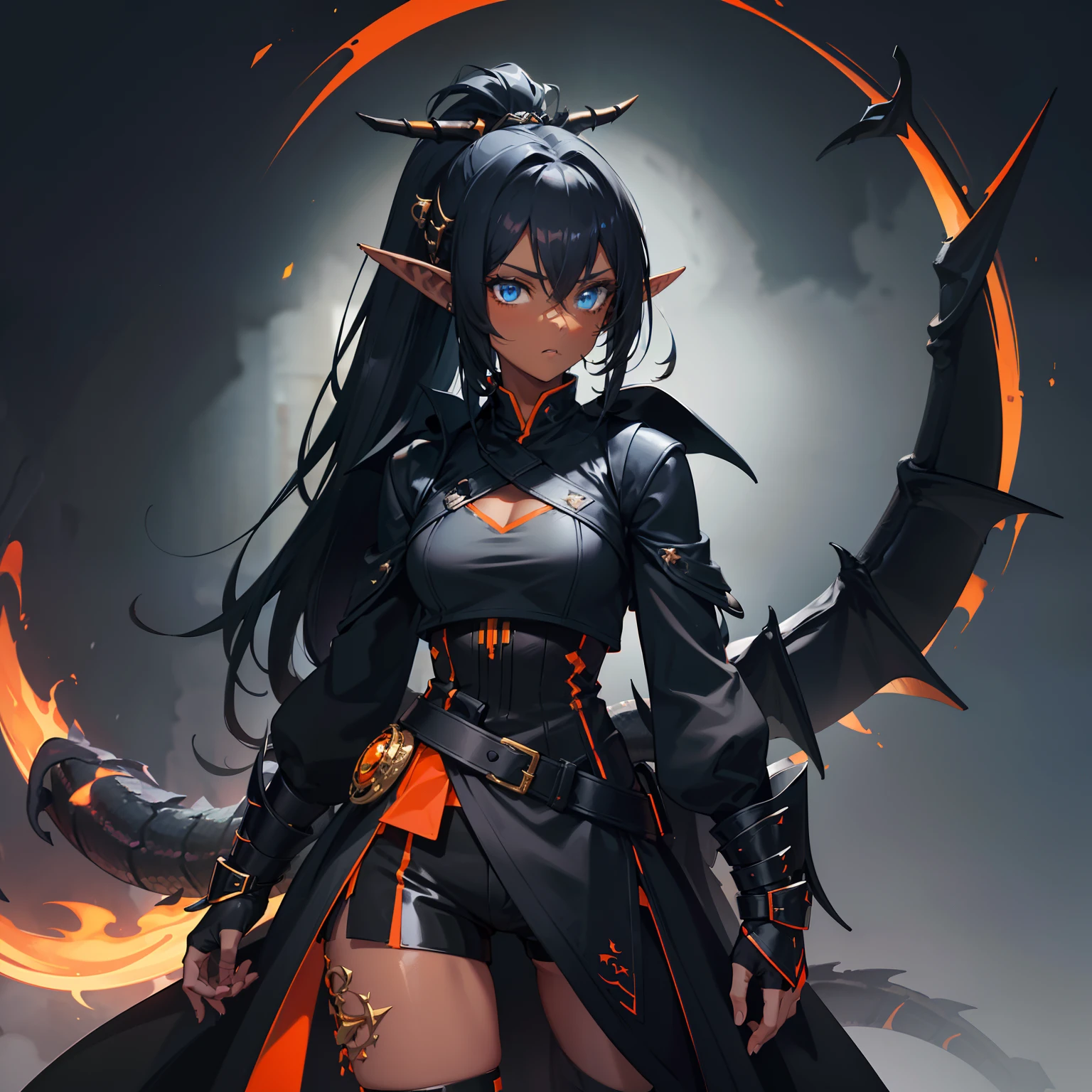 1girl , (((Dark Skin)))), Black Hair with Ponytail, (((Blue Eyes))), ((Black Metallic Gauntlets and Greaves with Orange and Silver Highlights)), (((The Clothes Have a Mix of Modern and Tribal))), (((The Clothes Have a Mix of Modern and Tribal))), having mostly the color black, but having parts in orange, shoulders exposed, at the hip a shorts that extend to half of the thigh of black color. ((Black Overcoat with a orange inner part)) absurd res, best res, high res, best face, best eyes, (((Dragon Tail))), ((Elf Ears))
