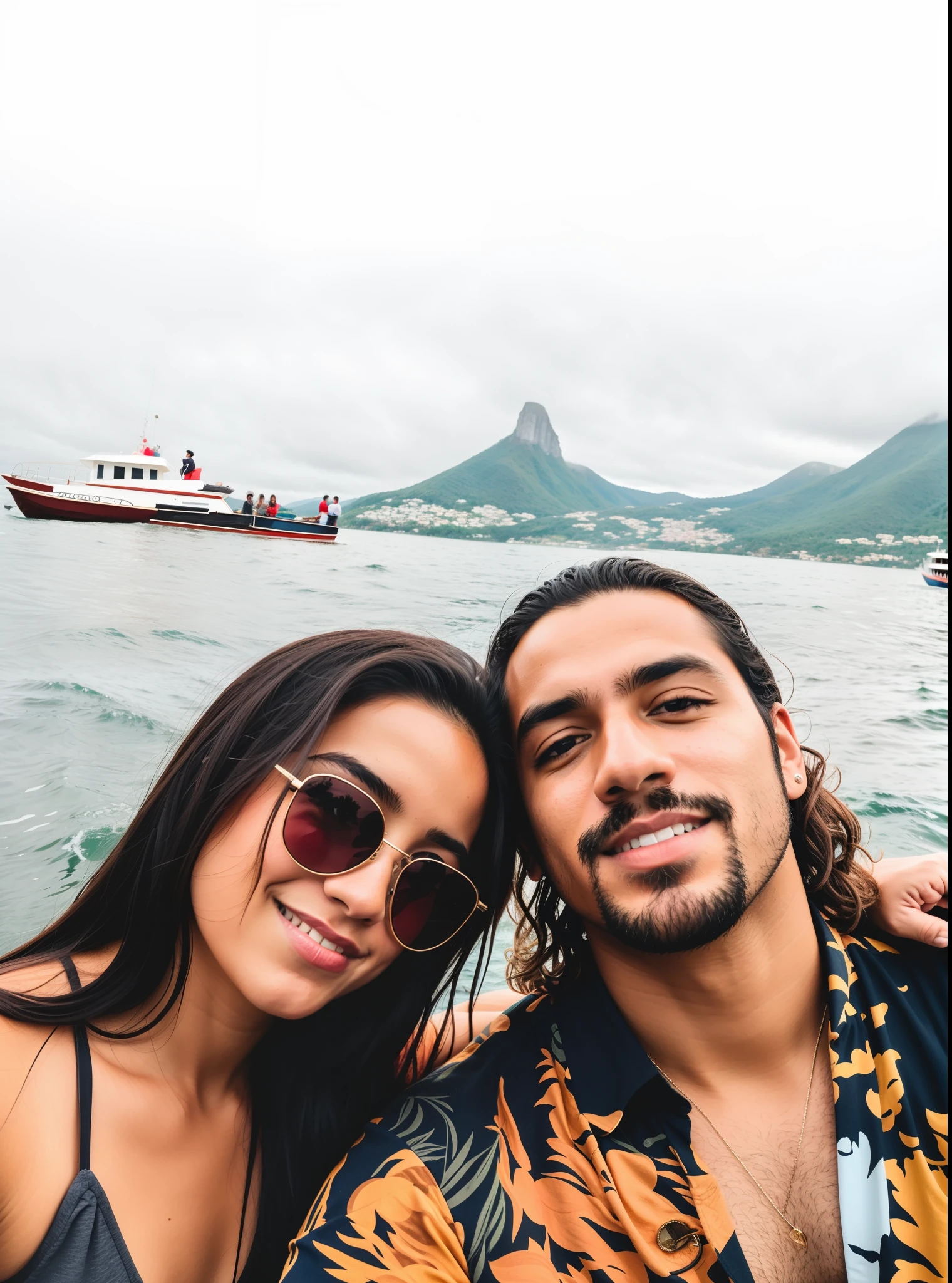 There's a man and a woman posing for a photo on a boat, em um barco em um lago, em um barco, com montanhas ao fundo, Directed by: com montanhas como pano de fundo, em um lago, on the ocean water, A foto foi tirada de um barco, no oceano