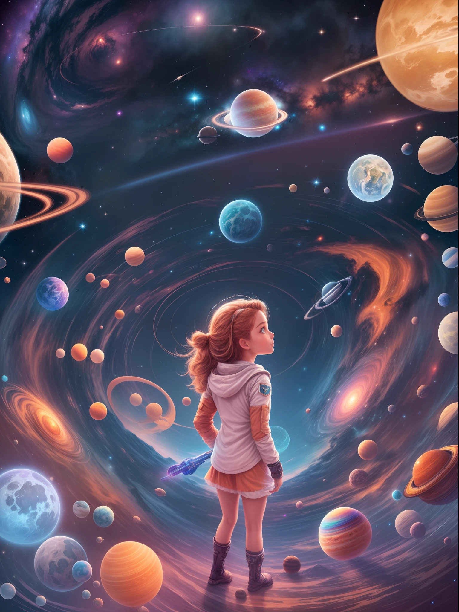 Imagine a space girl exploring the cosmos. Create a vivid and captivating visual or written depiction of her interstellar adventure, complete with the wonders she encounters, the technology she wields, and the cosmic beauty that surrounds her.