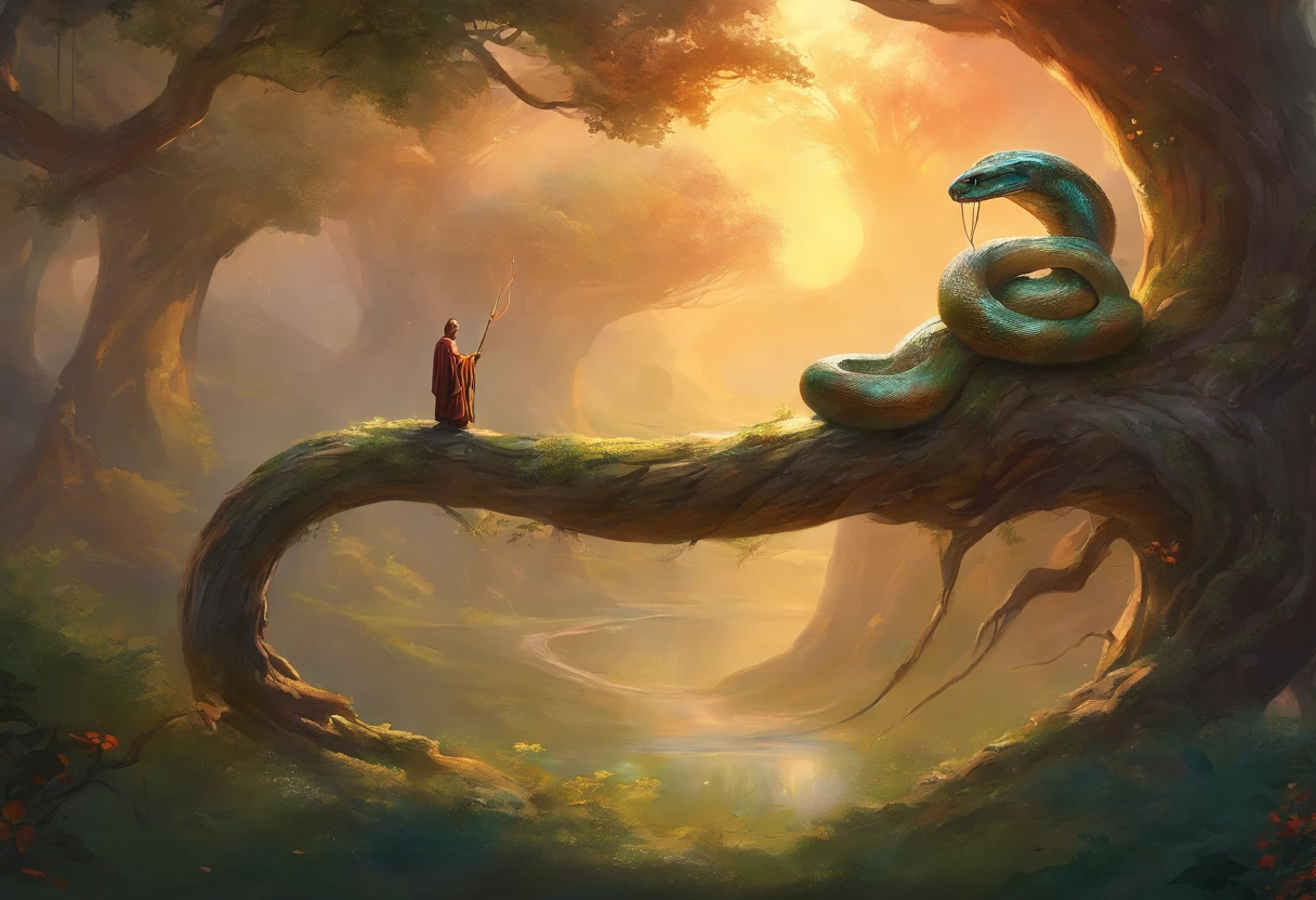 snake curled up on a tree branch talking to a monk