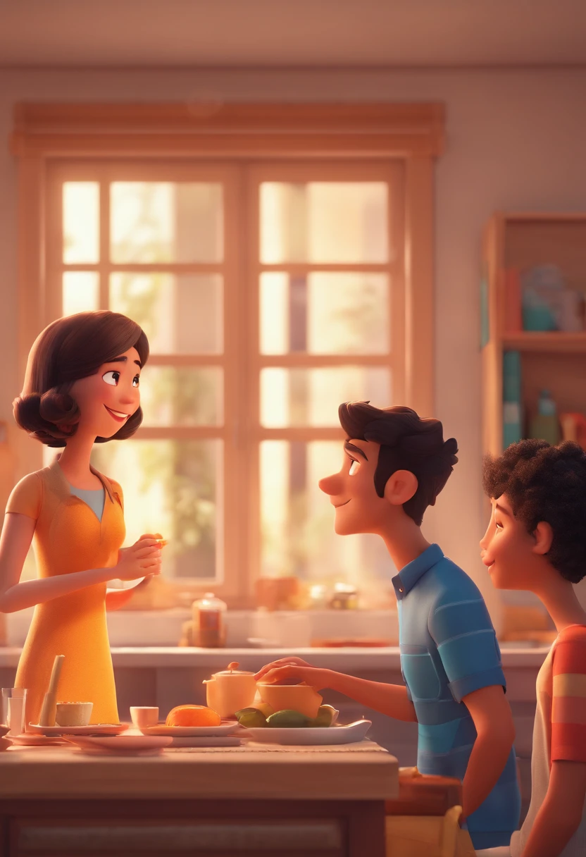 An illustration of an adorable couple, destacando um homem e uma mulher com bonito, Expressive eyes – the man's skin is black and the man's hair is bald and black, while the woman's skin is black and the woman's hair is curly and brown. They are a bright room, cada um com um sorriso no rosto, e compartilhar um momento especial caracterizado pelo amor, arroz, e insights educacionais. Illustrate this scene from a perspective where they are facing away from the camera, Showing Your Connection. Desenvolva esta arte em Full HD, Focus on your cinematic touch, Estilo Disney Pixar Animations