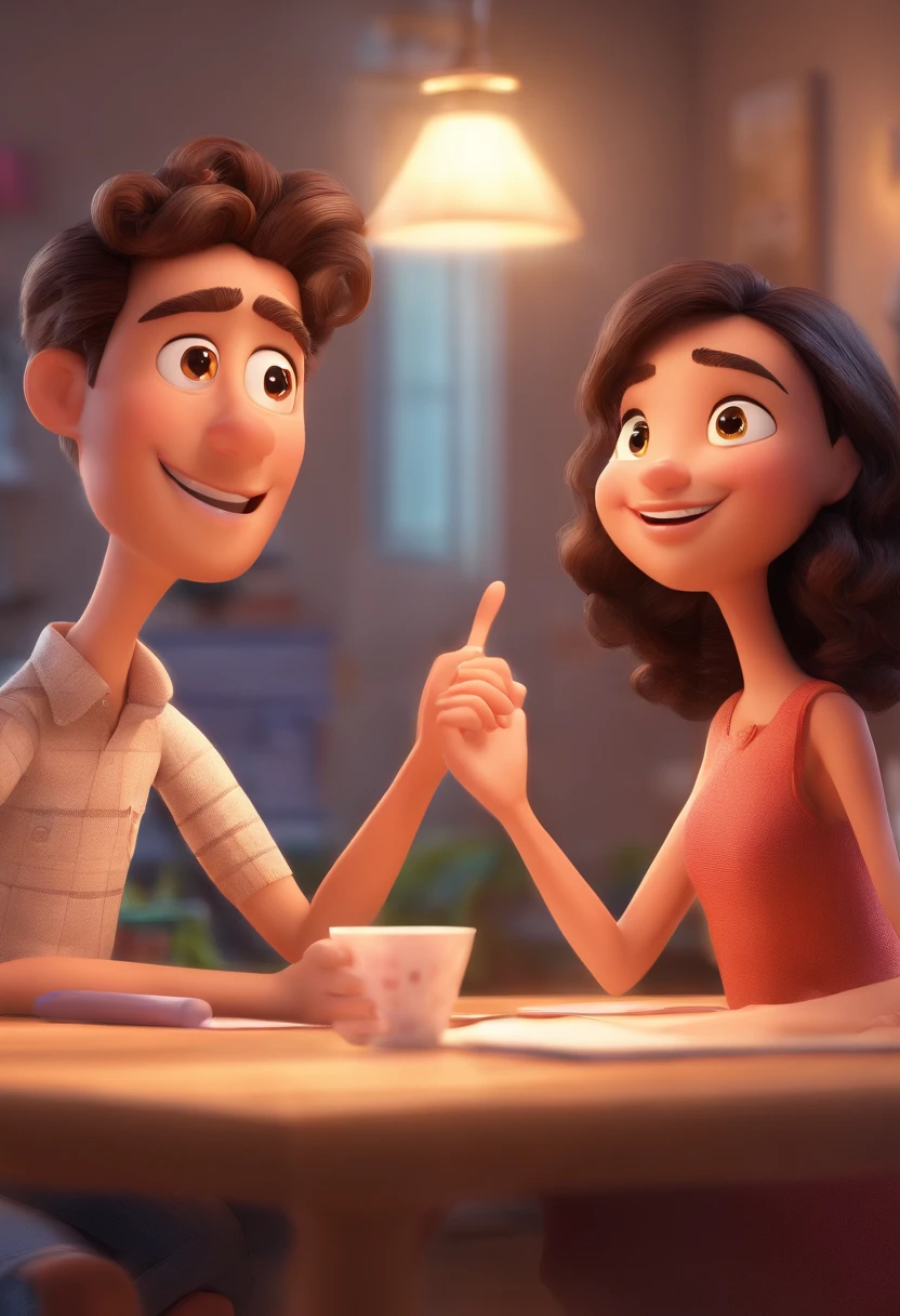 An illustration of an adorable couple, destacando um homem e uma mulher com bonito, Expressive eyes – the man's skin is black and the man's hair is bald and black, while the woman's skin is black and the woman's hair is curly and brown. They are a bright room, cada um com um sorriso no rosto, e compartilhar um momento especial caracterizado pelo amor, arroz, e insights educacionais. Illustrate this scene from a perspective where they are facing away from the camera, Showing Your Connection. Desenvolva esta arte em Full HD, Focus on your cinematic touch, Estilo Disney Pixar Animations