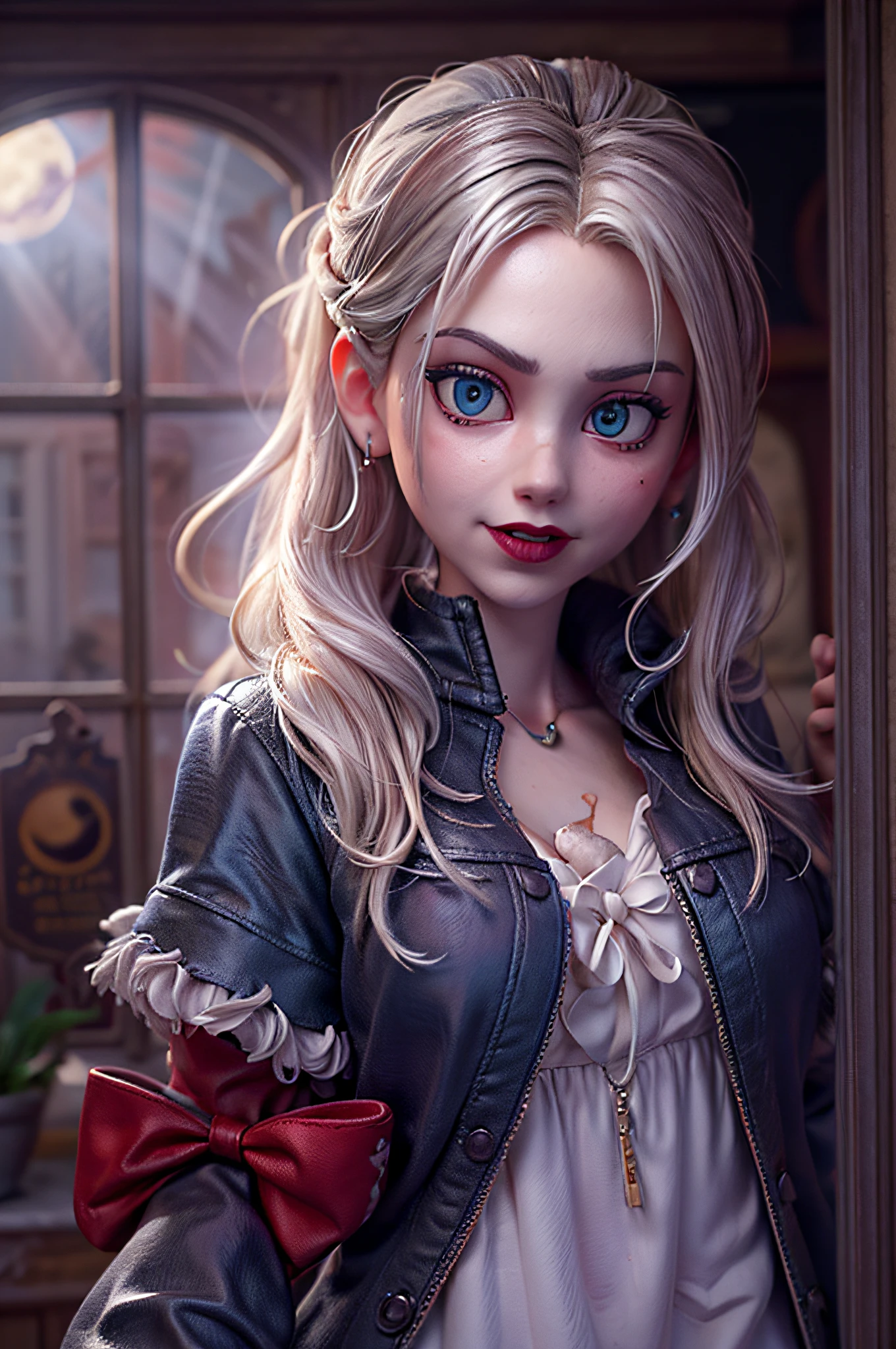 a portrait of (Pixar art: 1.5)  icture of vampire standing in the front of her home holding a (candy bag: 1.2), an exquisite beautiful female vampire in her front door of her home, full body (ultra detailed, Masterpiece, best quality), ultra detailed face (ultra detailed, Masterpiece, best quality), grey skin: 1.3 , blond hair, hair in a ponytail, long hair, blue eyes, cold eyes, glowing eyes, intense eyes, smile with [drops of blood on face] (ultra detailed, Masterpiece, best quality), dark red lips, [vampire fangs], wearing white dress (ultra detailed, Masterpiece, best quality), dark blue cloak, high heeled boots in front of her home, (holding a candy bag: 1.4), high details, best quality, 16k, [ultra detailed], masterpiece, best quality, (ultra detailed), full body, ultra wide shot, photorealism, luis royo style, dark fantasy art, moon light coming through the window, moon rays, gothic art, sense of dread, sense of seduction,pixarstyle