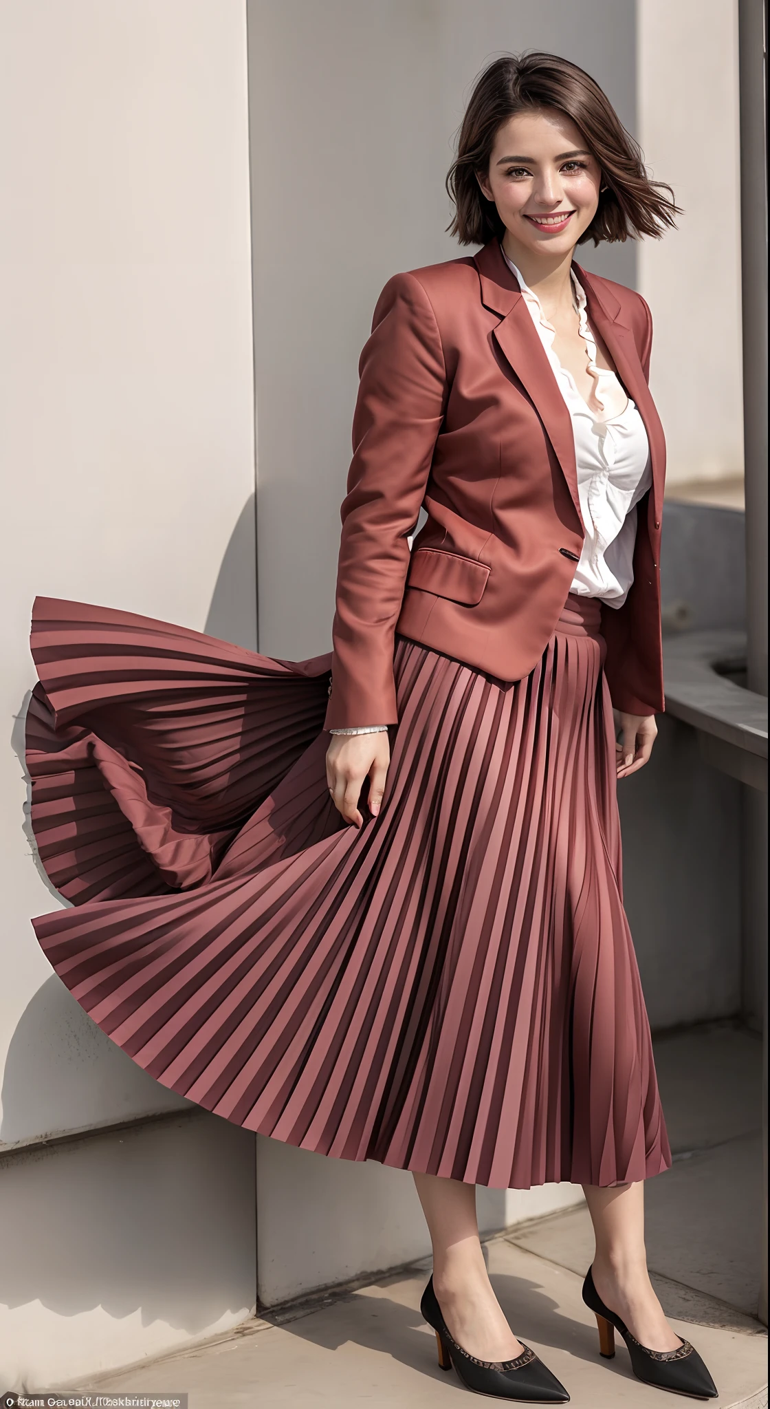 (shy:1,2) (smiling;1,1) woman playing with skirt, dancing, wearing short blazer and very very detailed (long (fully pleated) full circle skirt) and (simple) low heeled office shoes, very very intricate hyper-detailed symmetric (attractive graceful young feminine face) with (sad, tired eyes and a shy smile), large breasts, full of empathy and compassion and love, (pronounced (feminine) features), (highly detailed ultra accurate realistic) hands and fingers, (windy conditions and wind blowing), epic composition, highly detailed attributes, highly detailed space station background, (35mm f1.4 Kodak portra 400 photograph), extremely high quality RAW photograph,