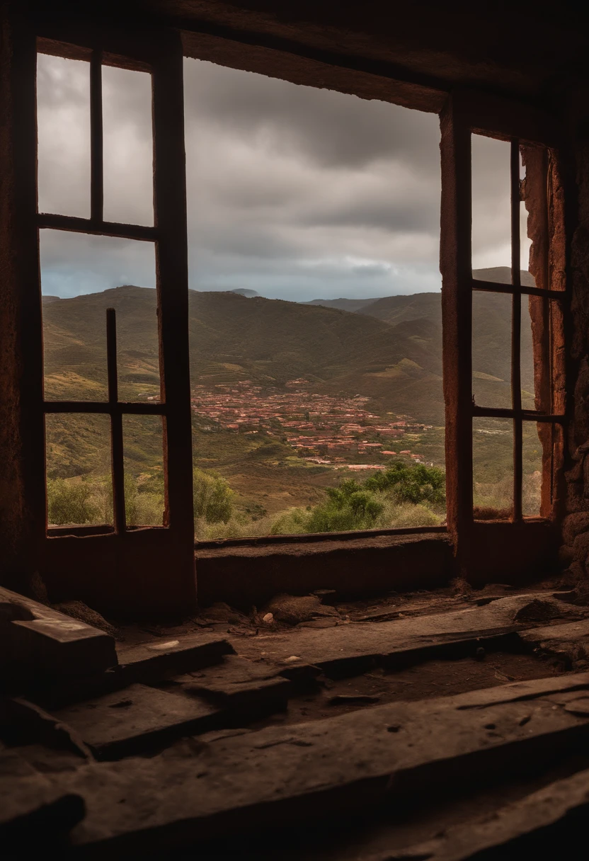 (8k),(master part),Absurdo, alto, ultra-detalhado, (1girl:1.3),, quebrar, lowkey lighting, atmosfera sombria, sombras escuras, Destaques sutis, Aura misteriosa, quebrar, panoramic photo, Perspectivas Grande Angular, breathtaking landscapes, vistas deslumbrantes, cenas expansivas, profundidade visual, Breathtaking perspectives, (post apocalyptic wasteland), (Desfiladeiro da Rocha Vermelha), Vista de um barraco de madeira, ((View from a warehouse window)), em primeiro plano, Ammunition boxes and tank cartridges;