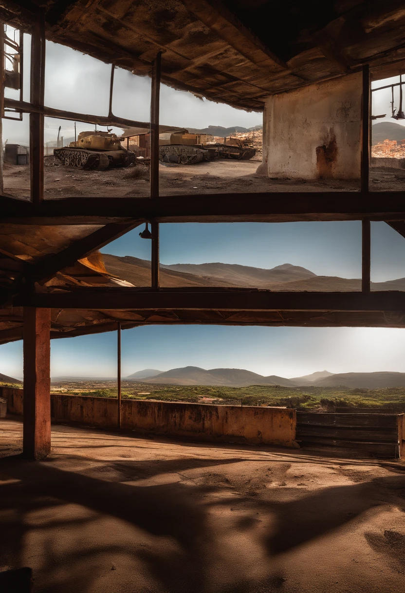 (8k),(master part),Absurdo, alto, ultra-detalhado, (1girl:1.3),, quebrar, lowkey lighting, atmosfera sombria, sombras escuras, Destaques sutis, Aura misteriosa, quebrar, panoramic photo, Perspectivas Grande Angular, breathtaking landscapes, vistas deslumbrantes, cenas expansivas, profundidade visual, Breathtaking perspectives, (post apocalyptic wasteland), (Desfiladeiro da Rocha Vermelha), Vista de um barraco de madeira, ((View from a warehouse window)), em primeiro plano, Ammunition boxes and tank cartridges;