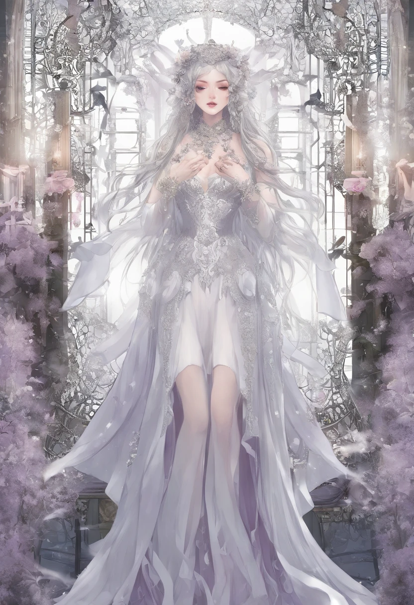highly insanely detailed, masterpiece, top quality, best quality, highres, 4k, 8k, RAW photo, (very aesthetic, beautiful and aesthetic), enchanted cave with glowing crystals, photo of slim woman, wearing white sheer boho maxi dress, <lora:CrunchyBanana_Sheer_Boho_Maxi_Dress:1>, subtle smile, subsurface scattering