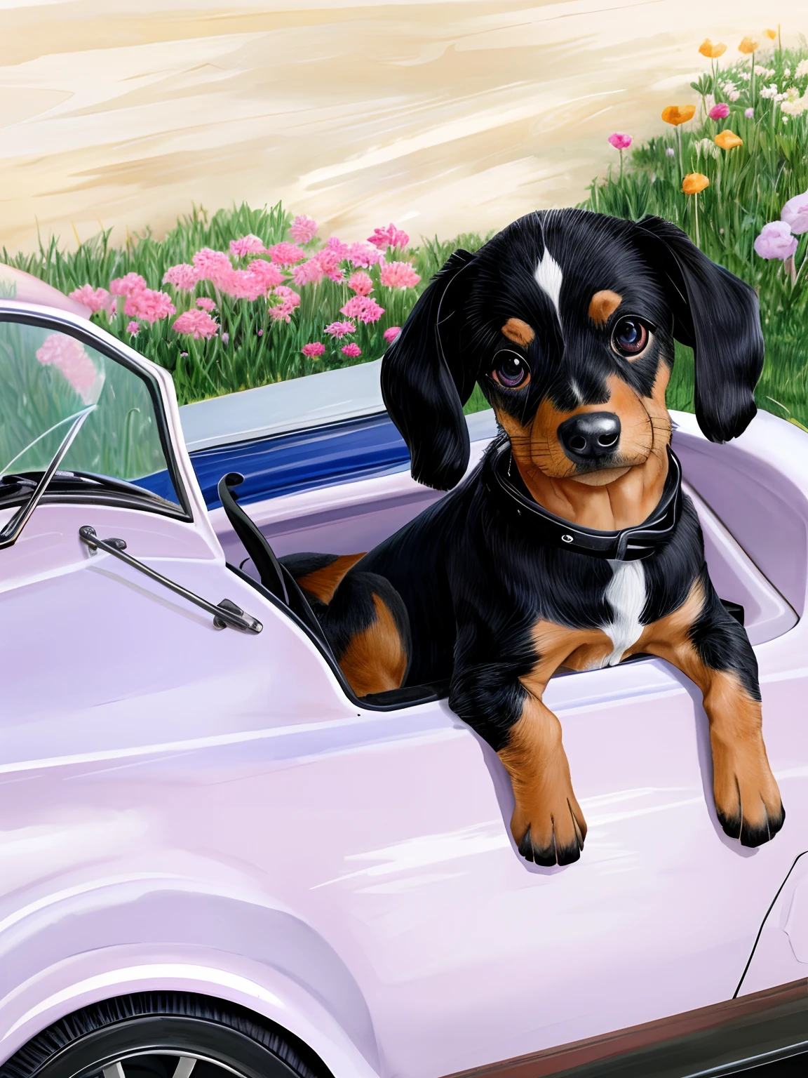 There's a little dog sitting in a toy car with flowers, Dachshund, Non-flying legs, Divertindo-se ao sol, dachshund robot, Weenie, sentada em seu carro, Top view, Retrato de um Dachshund, 1614572159, 🤬 🤮 💕 🎀, Looking towards the camera, feature, ao sol