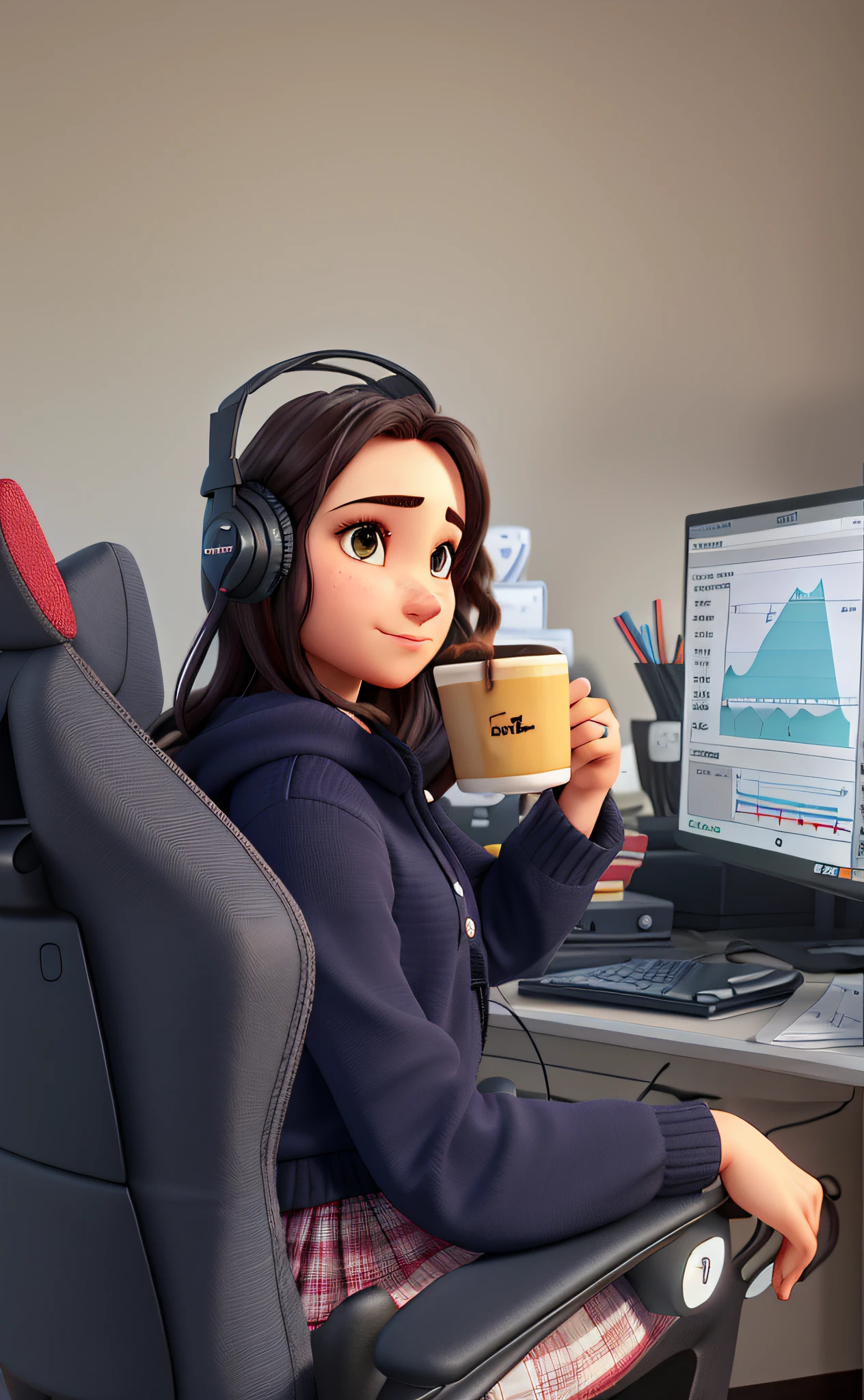 Uma mulher gamer, Sitting with a cup of coffee in hand in front of a computer screen with stock market charts