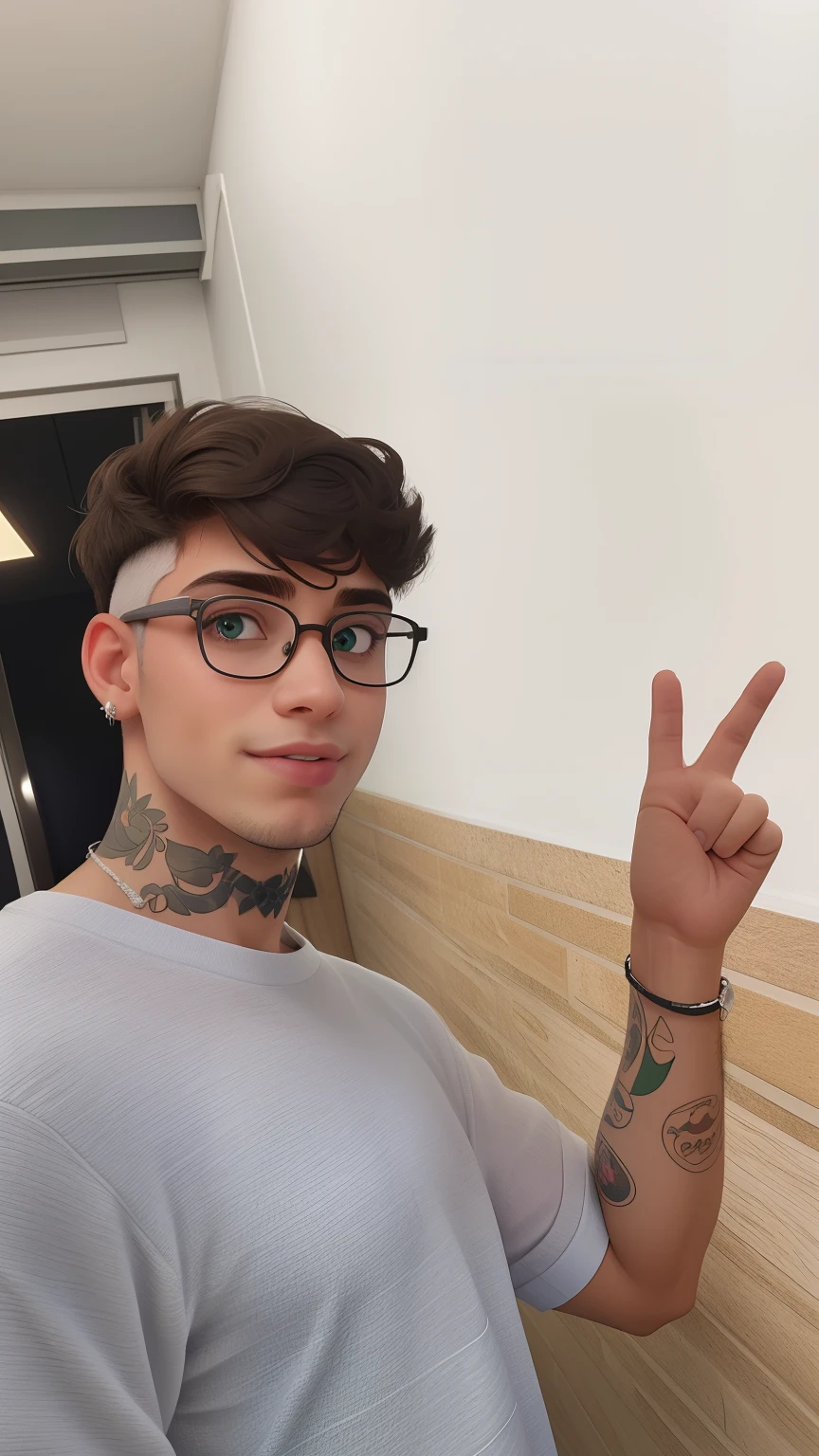 Um homem de 20 anos, com cabelos castanhos curtos,face de diamante, olhar rigoroso, e olhos verdes, without glasses, Wearing white white shirt with tie and glasses.