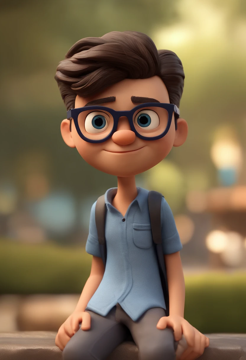 Cartoon character of a man with black glasses, cabelo cacheado marrom escuro e uma camisa azul, animation character, Caractere estilizado, animation style rendering, 3D estilizado, Arnold Maya render, 3 d render stylized, toon render keyshot, Personagem 3D, Personagem 3D, 3d rendering stylized, 3 d character render, personagem de desenho animado, Personagem de close up, Pose de personagem, (Estilo Pixar) (master part:1.2) (Bokeh) (best quality) (pele detalhada) (textura detalhada) (8k) (argila) (Cinematic lighting) (foco nítido