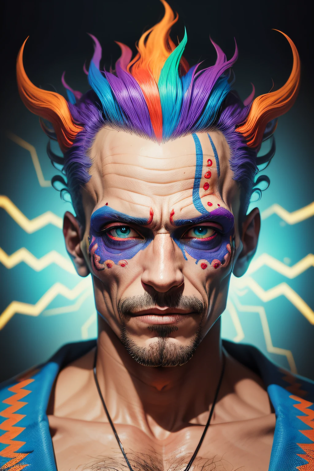 A crazy and fantastic man's head made up for Day of the Dead, it's very colorful and detailed and textured. the colors are psychedelic and flashy. the background is blurred as if there was digital interference