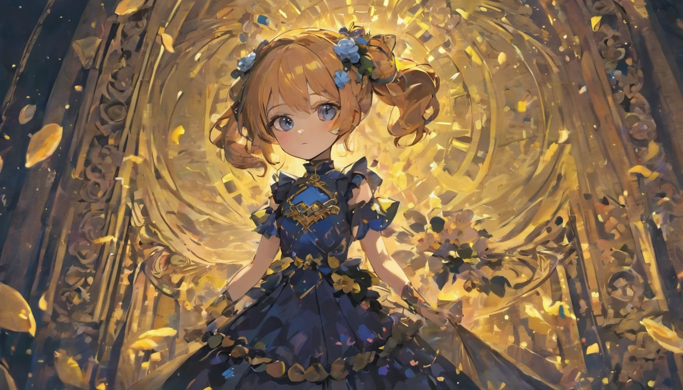 A doll like girl with child like proportions and a lifeless yet dazzling eye the other eye is covered with a flower shaped eye patch. She wears a black dress adorned with navy blue roses. She looks up at you curiously