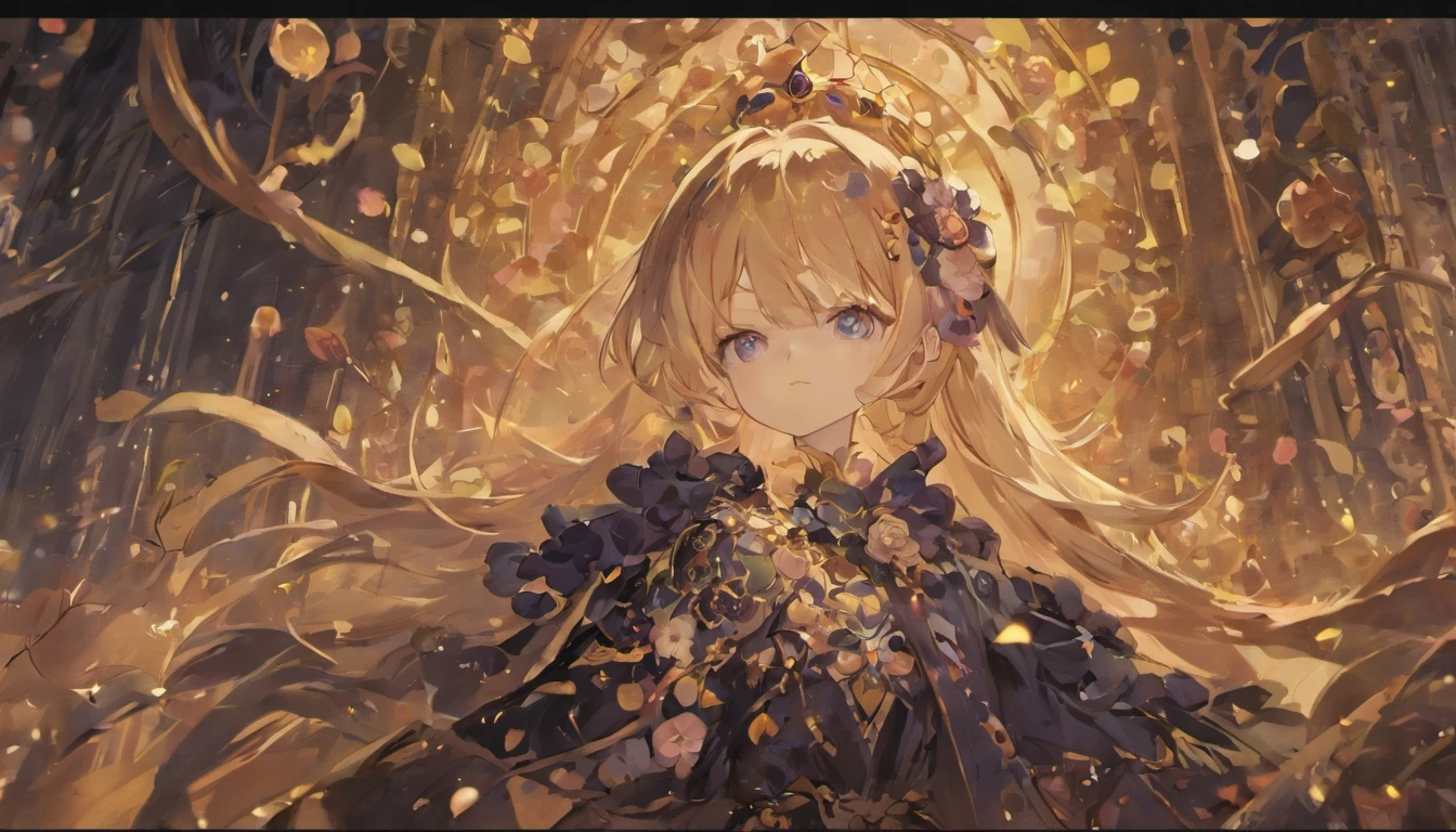 A doll like girl with child like proportions and a lifeless yet dazzling eye the other eye is covered with a flower shaped eye patch. She wears a black dress adorned with navy blue roses. She looks up at you curiously