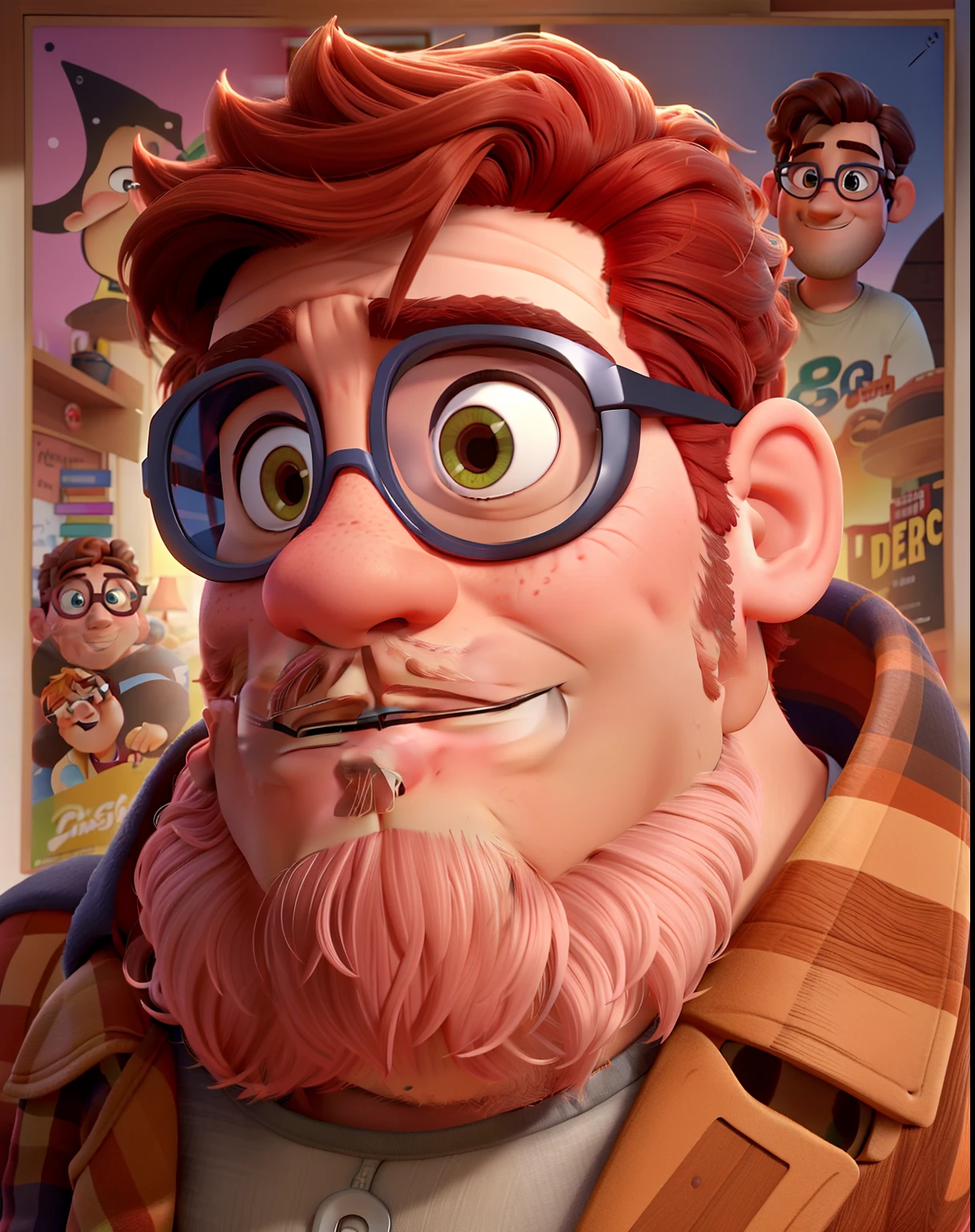 homem moreno 50 anos barba curta ruiva grisalha, cabelos ruivos grisalhos, Sobrancelhas Grossas, wearing goggles, Pixar Style Poster
