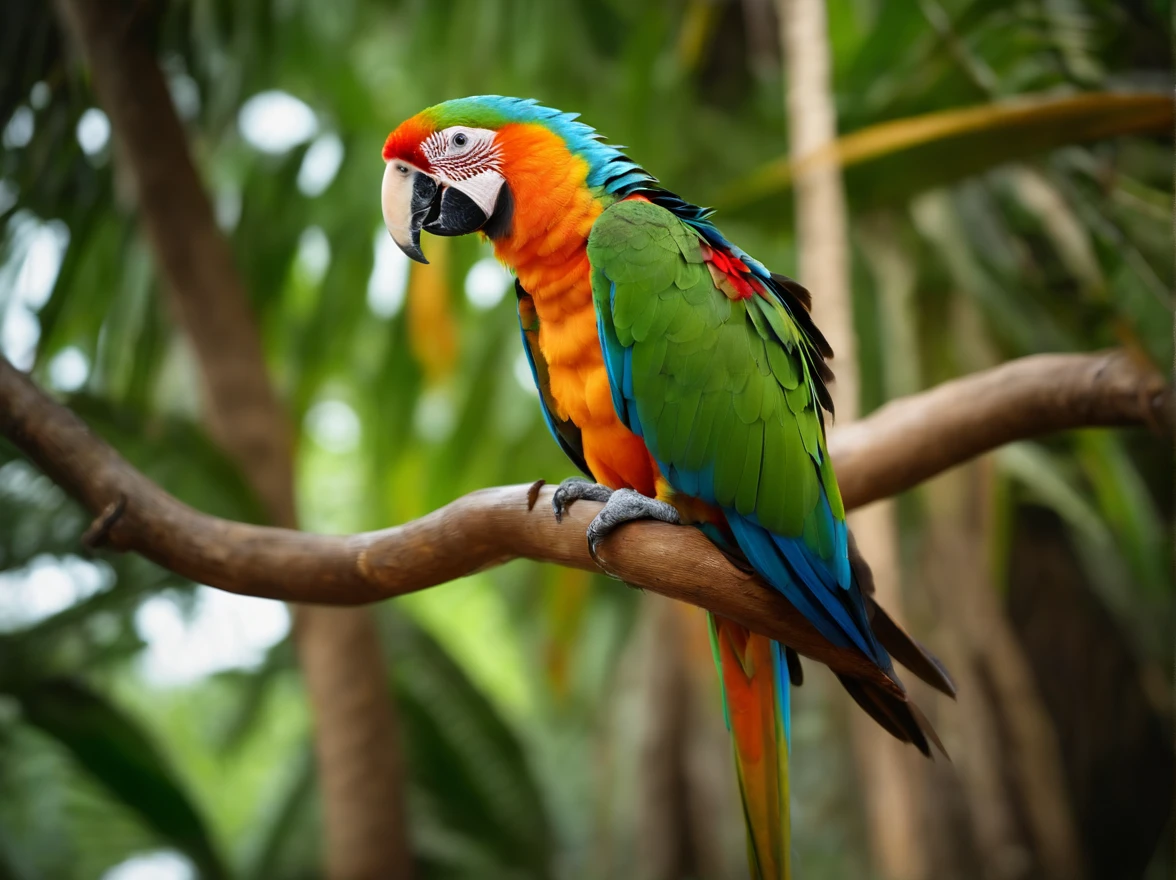 8k picture of a parrot in a tropical forest, saturated, high quality, many details, vibrant, tropical beach in the background, humidity