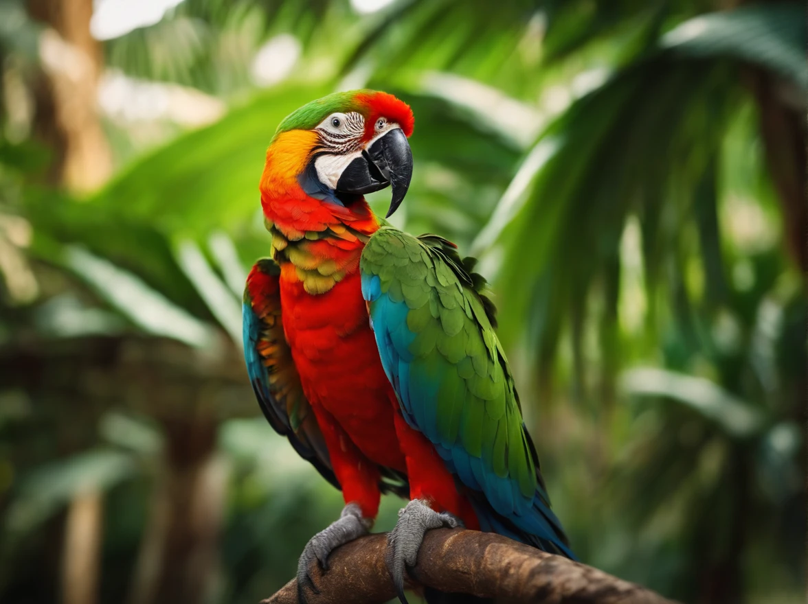 8k picture of a parrot in a tropical forest, saturated, high quality, many details, vibrant, tropical beach in the background, humidity