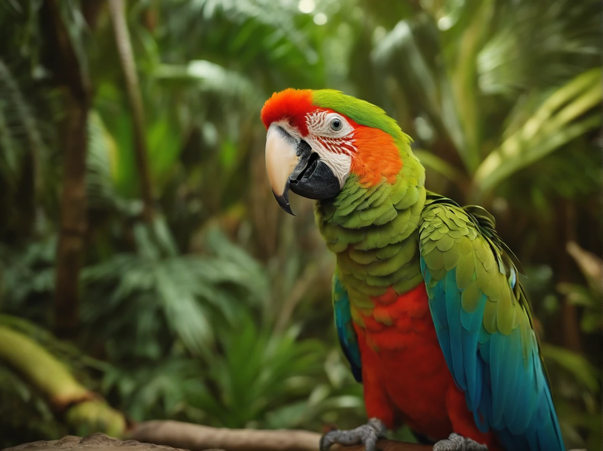 8k picture of a parrot in a tropical forest, saturated, high quality, many details, vibrant, tropical beach in the background, humidity