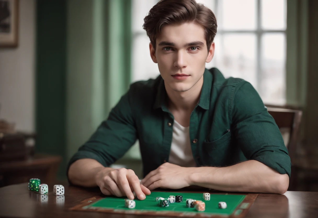 (best quality, movie poster style), a beautiful man 22 years old, white skin, brown hair, green eyes, floating halloween themed board game dice and cards, combining the elements perfectly together.
