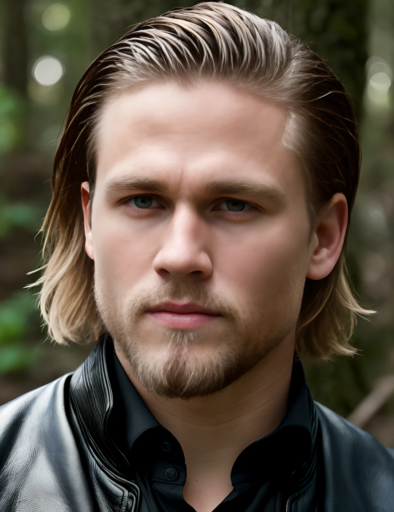 create color foto of a man looks like adult Charlie Hunnam in film Sons of Anarchy with a VERY short bristle (without a beard) and medium long haircut which is standing in the forest and wearing a fantasy slavic clothing in Photorealism. He is also smirking and looking dangerous with the slicked back dark blond hair. The angle of the photo should be from the side. He has bristle. He looks like villain, blood on face