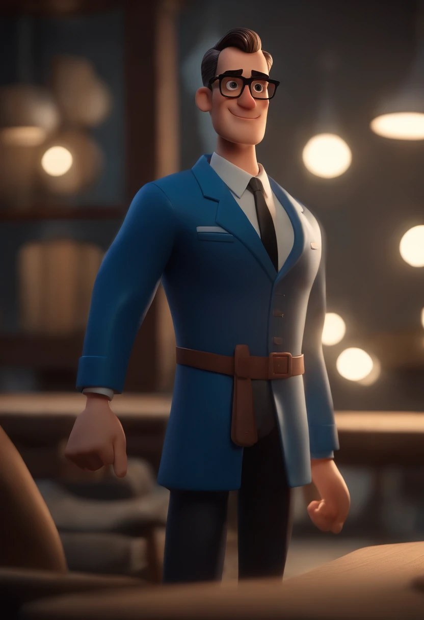 Cartoon character of a man wearing black glasses and a blue shirt, um personagem animado, Caractere estilizado, animation style rendering, 3D estilizado, Arnold Maya render, 3 d render stylized, toon render keyshot, Personagem 3D, Personagem 3D, 3d rendering stylized, 3 d character render, personagem de desenho animado, Personagem de close up, Pose de personagem, (Estilo Pixar) (master part:1.2) (Bokeh) (best quality) (pele detalhada) (textura detalhada) (8k) (argila) (Cinematic lighting) (foco nítido,Senta e vaza a parte superior do corpo