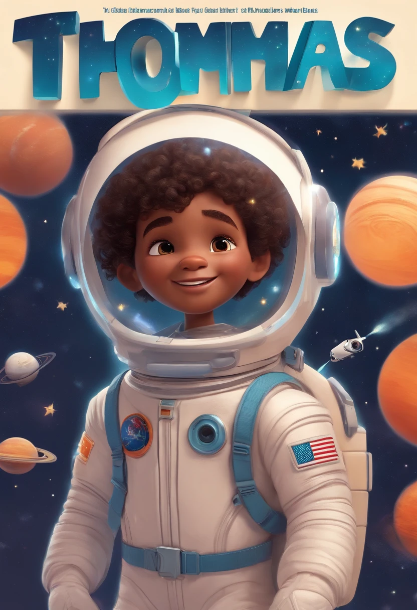 animation movie cover, a happy cute kid standing curly hair, astronaut uniform , space stellar background, barnet, tom, Pixar style, rosto detalhado, asymmetrical 16k, the cover title is Thomas Astronaut