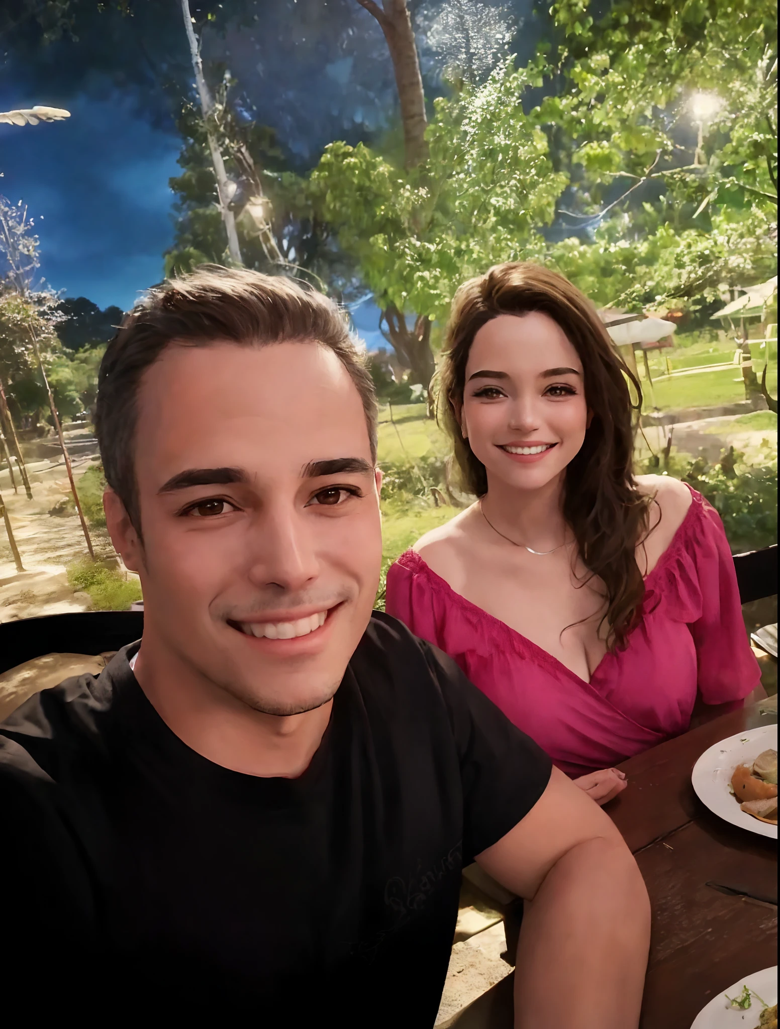 Smiling couple sitting at a table with plates of food in front of them, In Sao Paulo, trees in the background, Fotografia selfie 8k, Selvas ao fundo, vacation photo, foto do snapchat, peixes no fundo, Directed by: Nandor Soldier, com montanhas ao fundo, Casal feliz, 4 k post, Postagem 4k, par