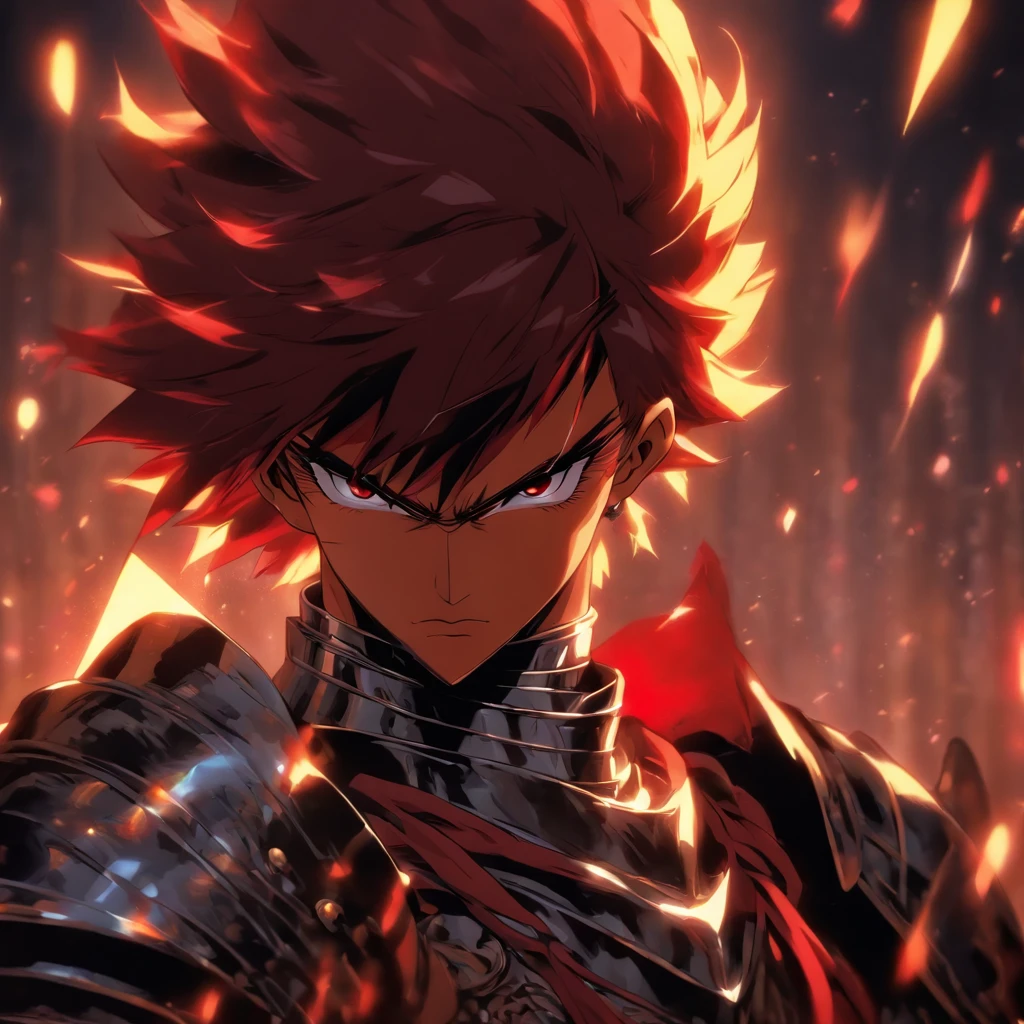 1man, tanned skin, knight in shining armor, black and red hair, boyish features, serious expression, different expressions, anime and manga , pop art deco
