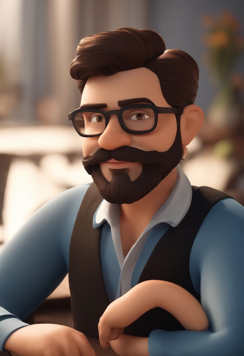Cartoon character of a bearded man wearing black glasses and a blue shirt, um personagem animado, Caractere estilizado, animation style rendering, 3D estilizado, Arnold Maya render, 3 d render stylized, toon render keyshot, Personagem 3D, Personagem 3D, 3d rendering stylized, 3 d character render, personagem de desenho animado, Personagem de close up, Pose de personagem, (Estilo Pixar) (master part:1.2) (Bokeh) (best quality) (pele detalhada) (textura detalhada) (8k) (argila) (Cinematic lighting) (foco nítido,Senta e vaza a parte superior do corpo
