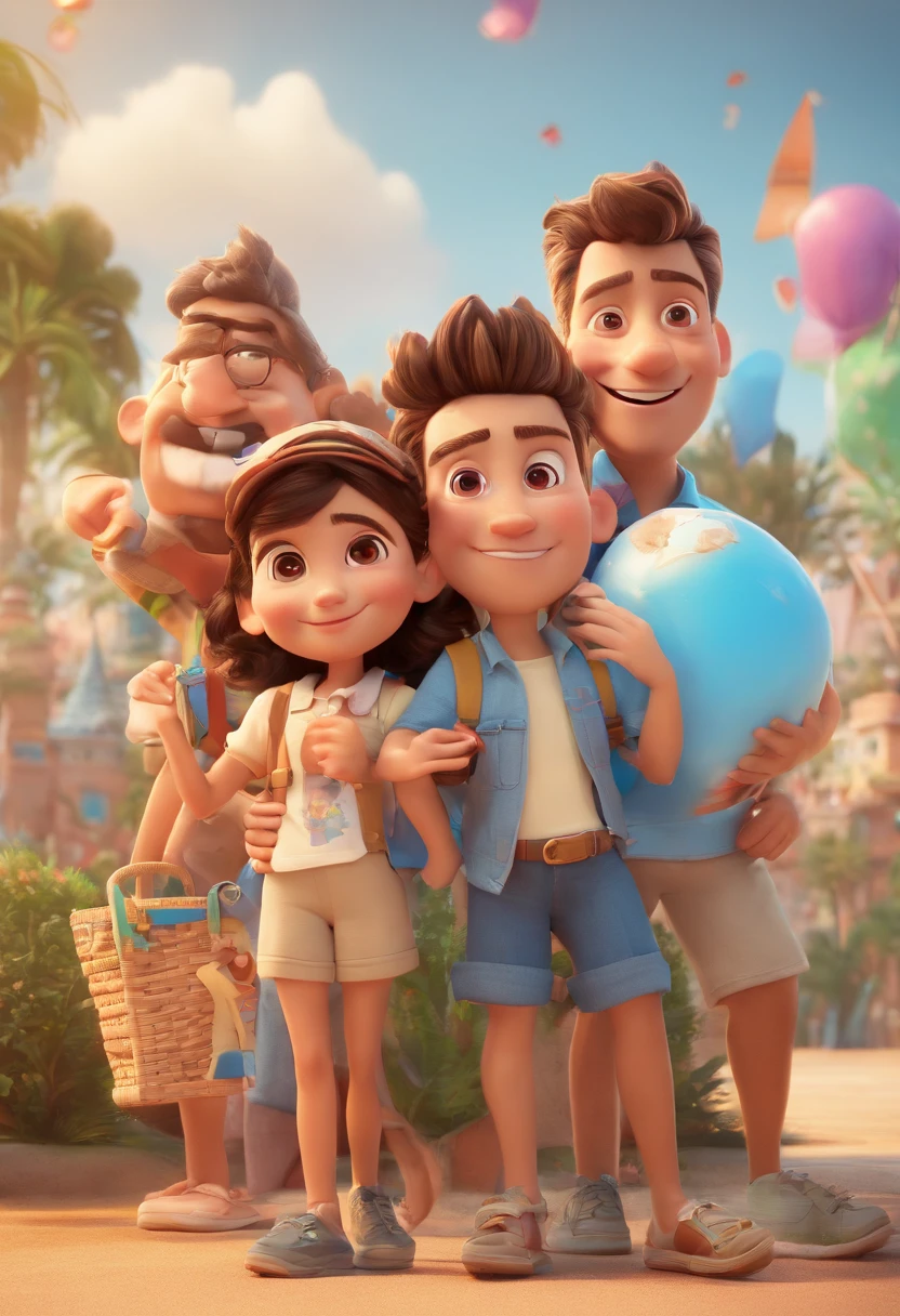 Cartoon of friends having fun on vacation together, 3D Animation Movie Poster, Poster de filme animado, pixar 3 d animation style, pixar renderman rendering, maia 8 mil, animated film, Disney Pixar Estilo 3D, amigos felizes saem juntos, all wearing light blue shirts and cream brown long pants, camisa azul clara, cream brown pants, ao ar livre, vacation, Disney Pixar Animation Poster