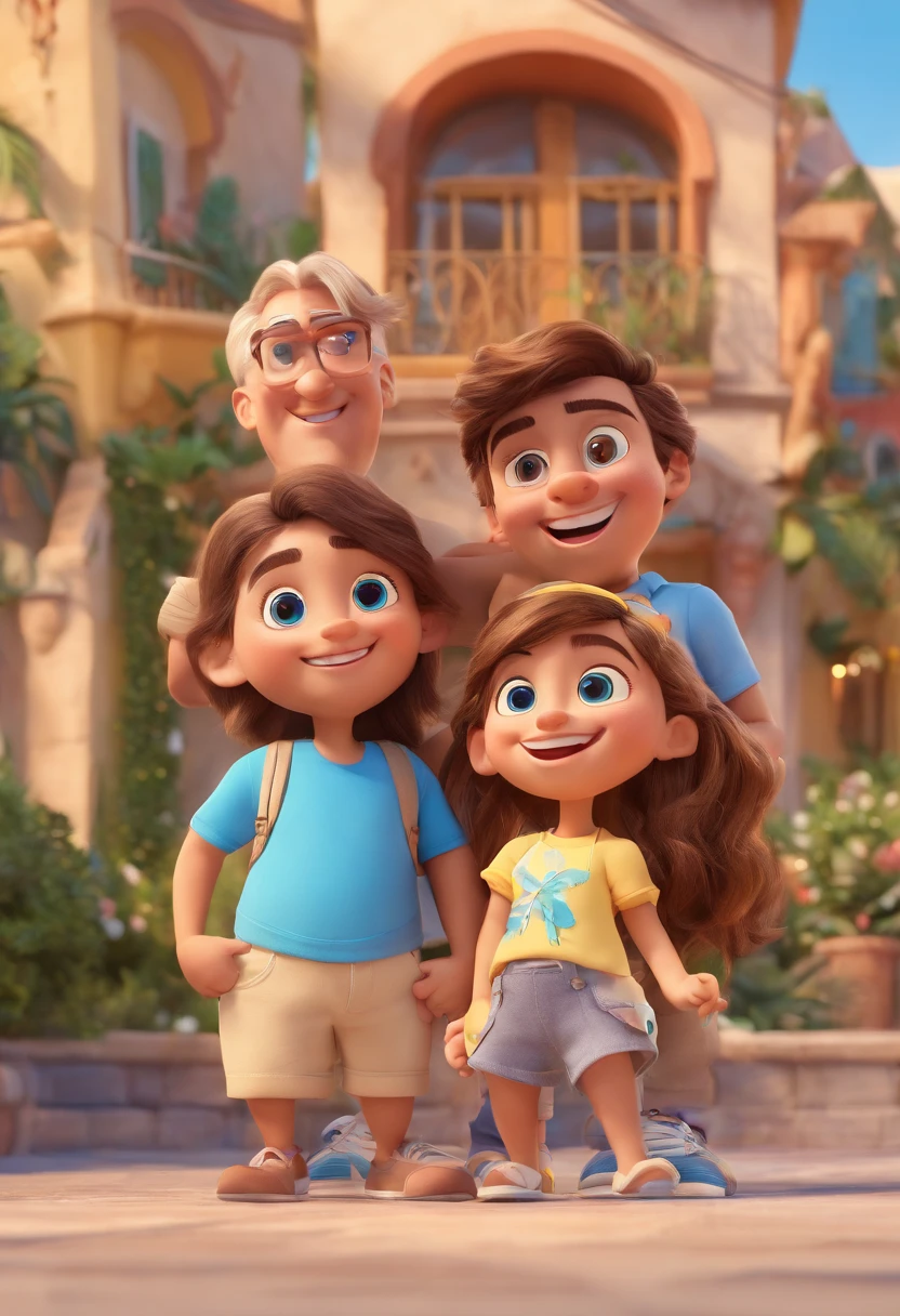 Cartoon of friends having fun on vacation together, 3D Animation Movie Poster, Poster de filme animado, pixar 3 d animation style, pixar renderman rendering, maia 8 mil, animated film, Disney Pixar Estilo 3D, amigos felizes saem juntos, all wearing light blue shirts and cream brown long pants, camisa azul clara, cream brown pants, ao ar livre, vacation, Disney Pixar Animation Poster