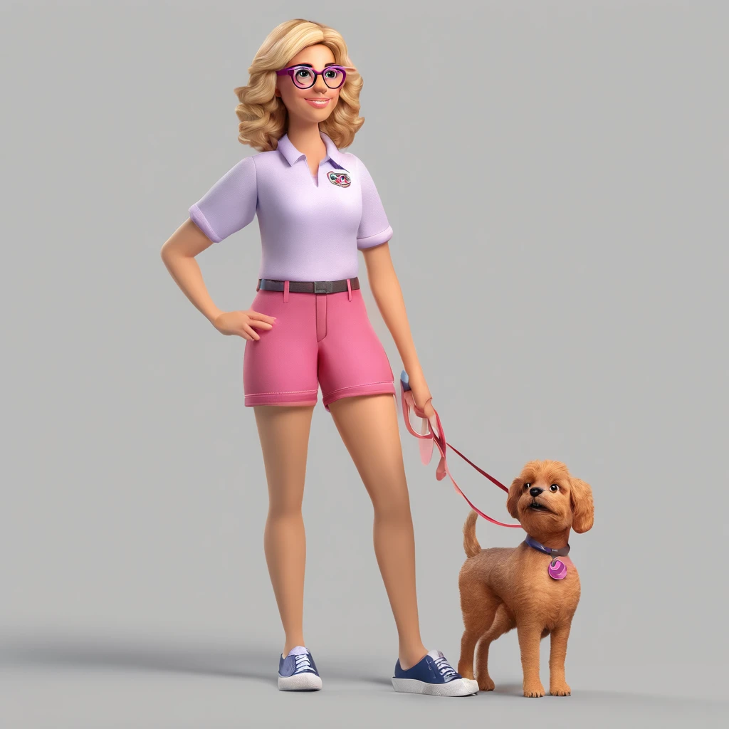 45-year-old woman with medium blonde hair, curly green eyes and red glasses wearing pink shorts with navy blue blouse and white sneakers with small brown dog