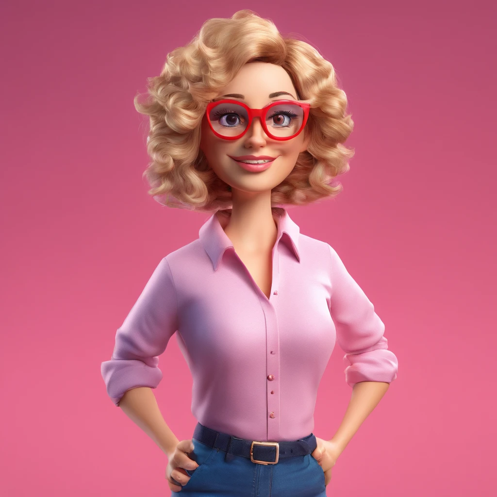 45-year-old woman with medium blonde hair, curly green eyes and red glasses wearing pink shorts with navy blue blouse and white sneakers with small brown dog