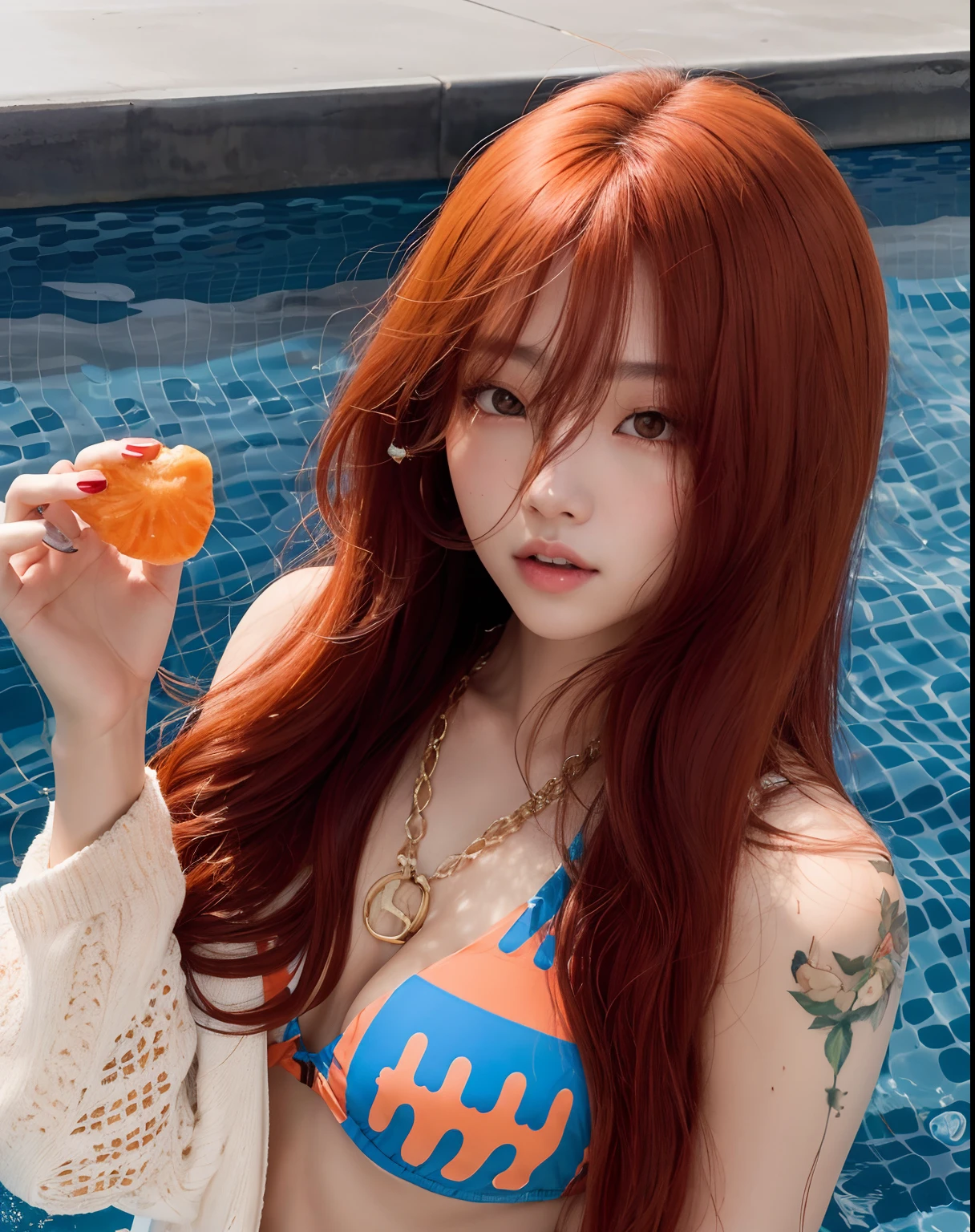 Hay una mujer en bikini sosteniendo una rosquilla junto a una piscina, ulzzang, Ella tiene el pelo largo redorange, she has long orange brown hair, con el pelo largo y rojo, Lalisa Manoban de Blackpink, Lalisa Manobal, coral brown hair, red chestnut long hair, con el pelo rojo, Jinyoung Shin, pelo largo rojo, Sun Yunjoo