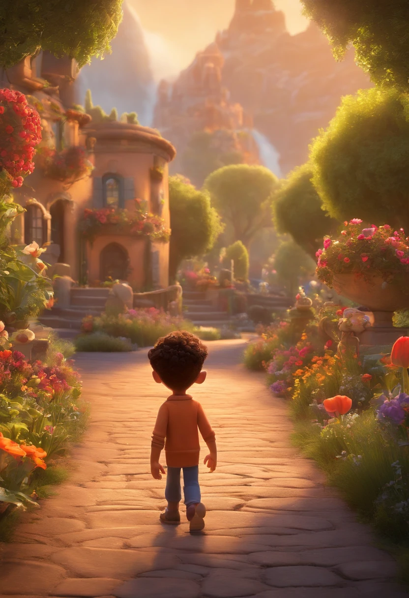 a vibrant, colorful scene with the artistic style of Pixar, including detailed and expressive characters, beautiful landscapes, and enchanting lighting. The characters should have captivating eyes, expressive facial features, and seamless integration with the surroundings. The materials used should resemble 3D renderings with a touch of whimsy and charm. The scene should be filled with playful details and unexpected elements that make it feel alive and magical. The colors should be vivid and vibrant, with a warm and inviting color palette reminiscent of Pixar's iconic animation style. The lighting should be soft and atmospheric, casting beautiful shadows and enhancing the overall enchanting atmosphere of the scene. The image quality should be of the highest standard, with ultra-detailed, photorealistic rendering, and a resolution of at least 4k or higher. The final result should be a masterpiece in the style of Pixar, evoking joy, wonder, and a sense of childlike curiosity.