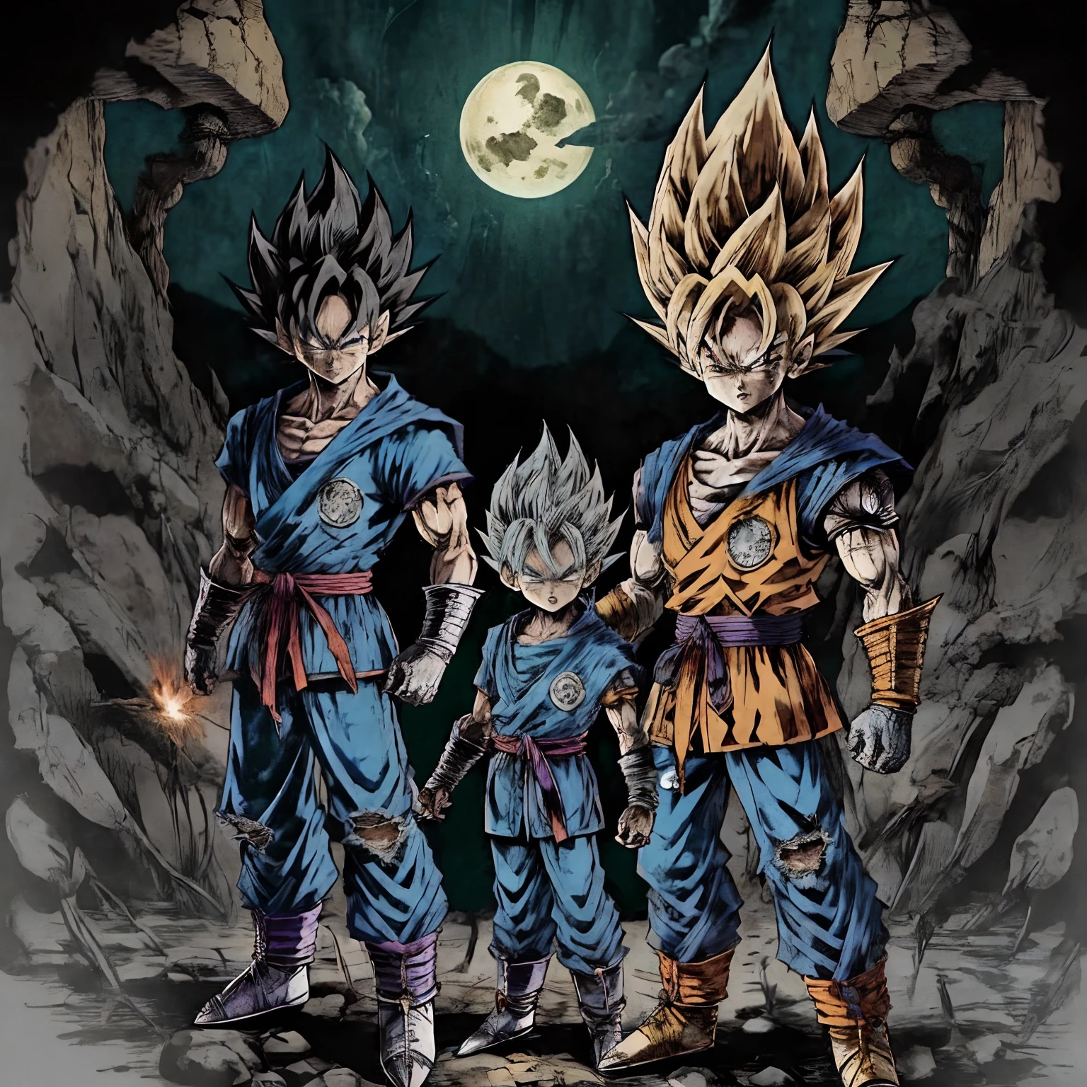 Dragon Ball, Goku, Vegeta, Bulma, Gohan, Trunks, Dark Fantansy style