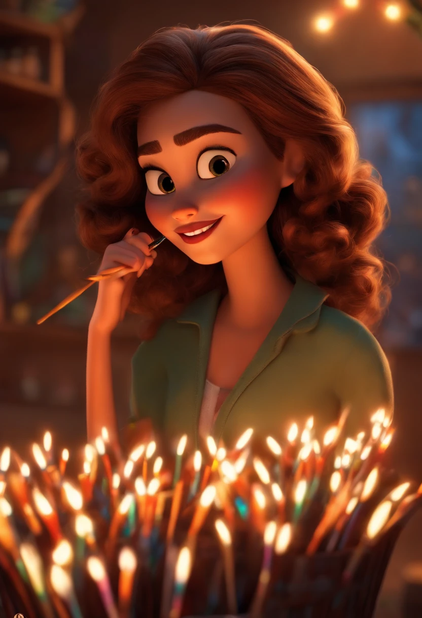 Imagem estilo Pixar com personagem 3d mulher branca com cabelos longos e castanhos andulados, Artist with brushes, Maquiagem Disney, bonitinho, sorridente ,Close-up, Pixar, Disney, Cinema lighting,
