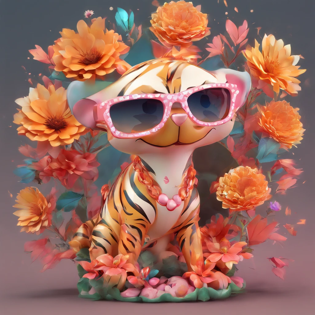 Alinhamento perfeito, Tigre pequeno bonito usando uma jaqueta,vasos de cristal,Rosa flor, wearing sunglasses, alegria, Standing position, beleza abstrata, Centrado, looking at the camera, Facing the camera, nearing perfection, Dynamic, altamente detalhado, liso, foco nítido, 8k, high-definition resolution, illustration, arte de Carne Griffiths e Wadim Kashin, fundo branco