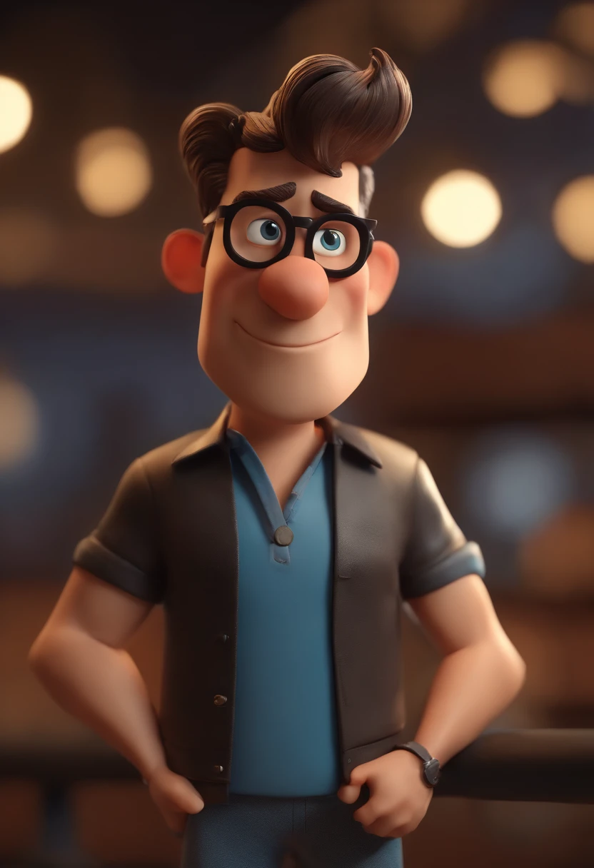 Cartoon character of a man with black glasses, cabelo cacheado marrom escuro e uma camisa azul, animation character, Caractere estilizado, animation style rendering, 3D estilizado, Arnold Maya render, 3 d render stylized, toon render keyshot, Personagem 3D, Personagem 3D, 3d rendering stylized, 3 d character render, personagem de desenho animado, Personagem de close up, Pose de personagem,  (Estilo Pixar) (master part:1.2) (Bokeh) (best quality) (pele detalhada) (textura detalhada) (8k) (argila) (Cinematic lighting) (foco nítido