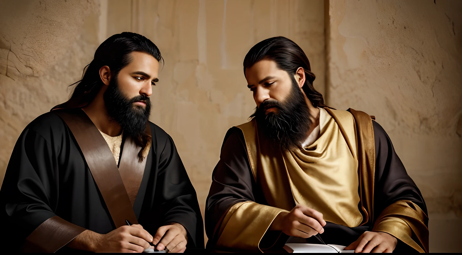 arafed image of a man with a beard and a beard sitting next to a man in a robe, biblical painting, captura, biblical image, biblical art style, biblical art, bible illustration, epic biblical depiction, biblical, nicodemus, ancient biblical, biblical art lighting, biblical clothing, hystorical painting, jesus, bible, historical footage