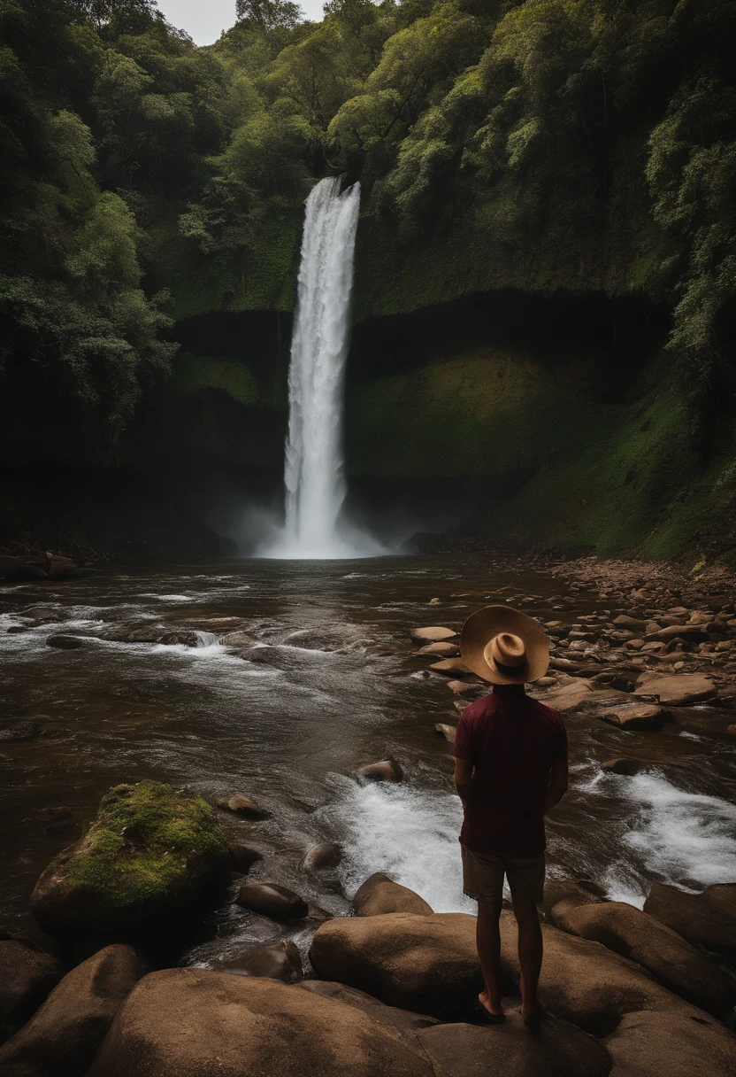 there is a man that is standing in front of a waterfall, cachoeiras ao fundo, cachoeira ao fundo, ao lado de uma cachoeira, em frente a uma cachoeira, com uma cachoeira, standing near a waterfall, cachoeira no fundo, with trees and waterfalls, em uma caverna com a cachoeira, com cachoeiras, wearing a travel hat, Standing in a waterfall