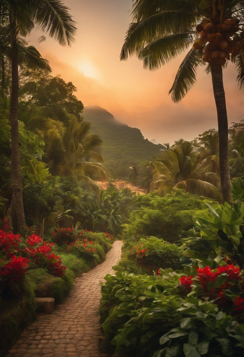 8k picture of a tropical forest, saturated, high quality, many details, vibrant, tropical beach in the background, humidity, italian village in the distance with warm lights, cobble roads, fountain in the village center