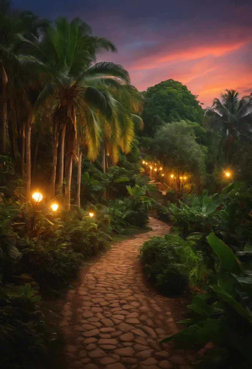 8k picture of a tropical forest, saturated, high quality, many details, vibrant, tropical beach in the background, humidity, italian village in the distance with warm lights, cobble roads, fountain in the village center