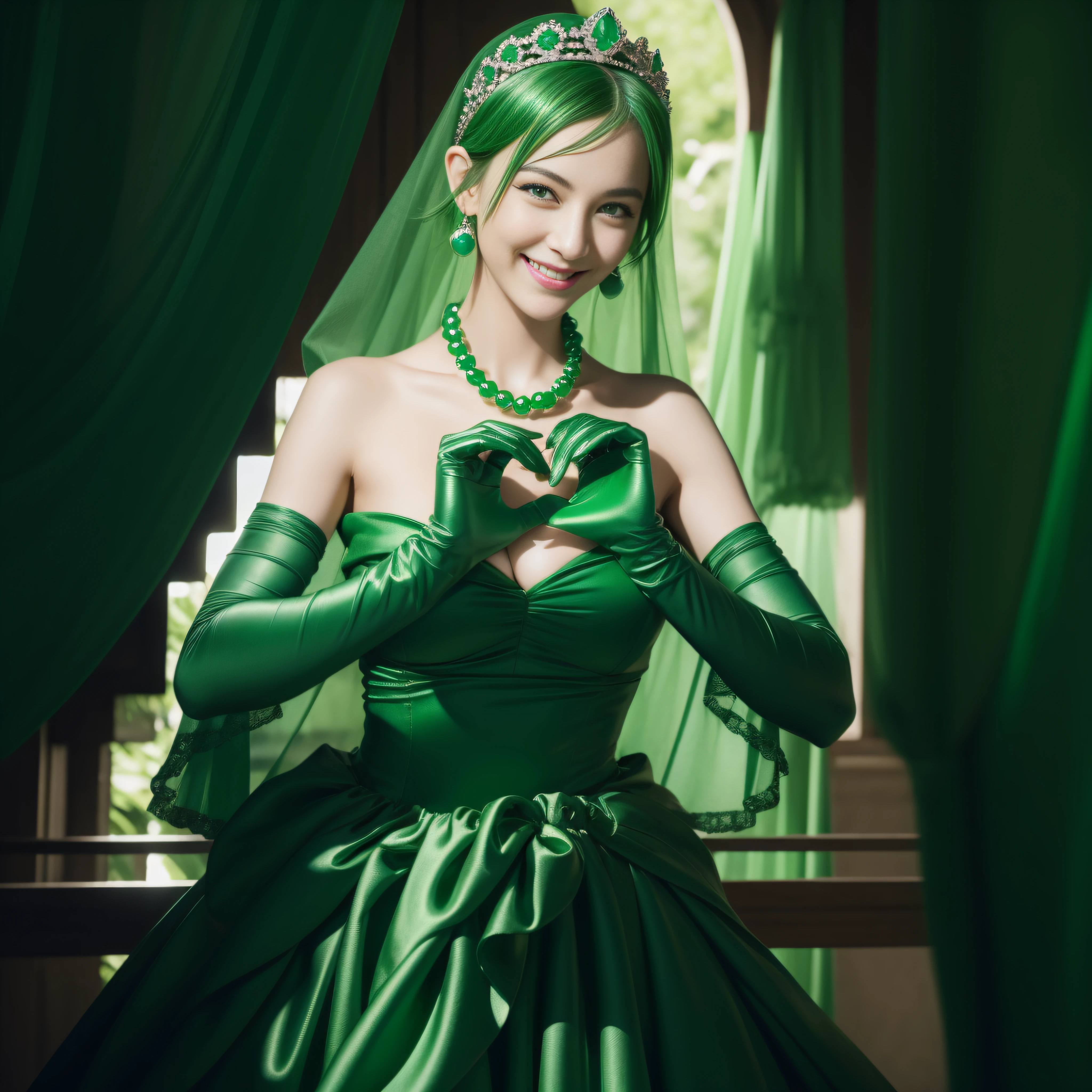 emerald tiara, Green Pearl Necklace, Boyish very short green hair, lipsticks, Japan woman smiling, very short short hair, big breasts beautiful, Green eyes, Long green gloves made of satin material, Green eyes, Emerald Earrings, green vale, Heart with both hands,Green hair