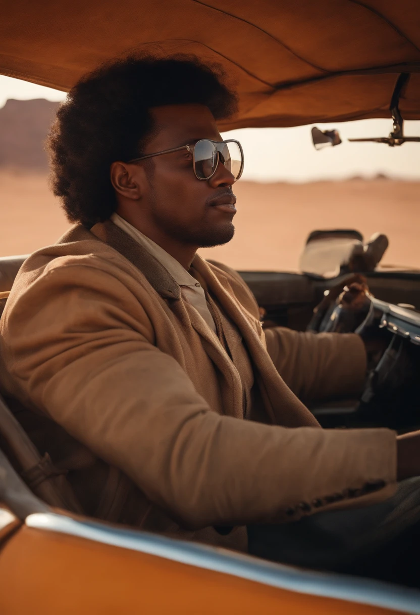 a man with glasses driving a vehicle in the desert, um retrato de personagem, Directed by: Michael Komarck, afrofuturismo, Gambino Infantil, head shoot, Humvee, thick neck, anorld render, Duas Caras, Afro-americano, hiper realista absurdo, Mestiza, Guerra nas Estrelas, desenhos animados realistas, Foto RAW, 8k UHD, DSLR, soft lighting, alta qualidade, filmic grain, Fujifilm XT3, (pele altamente detalhada:1.2)